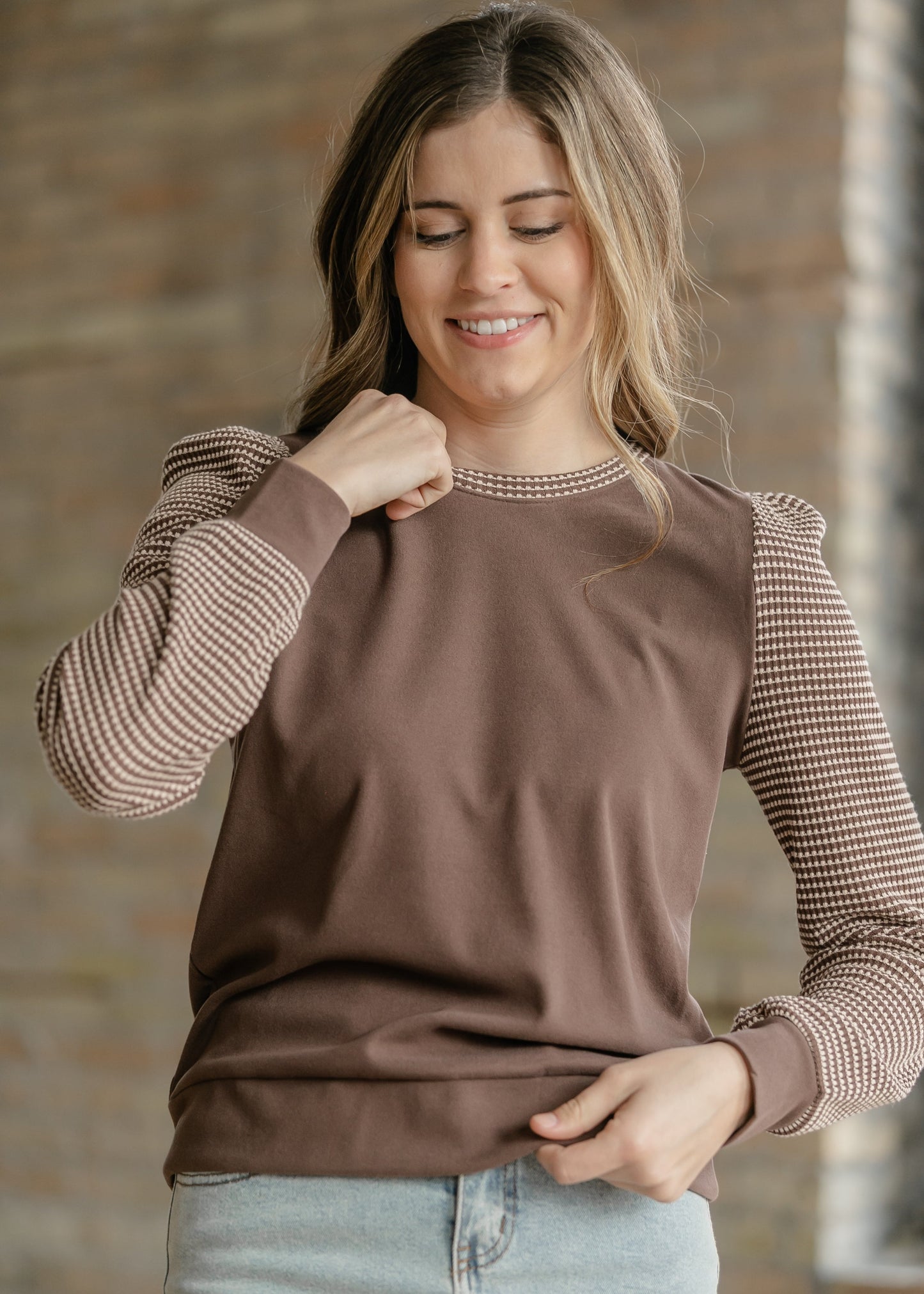 Ultra Soft Waffle Sleeve Contrast Top