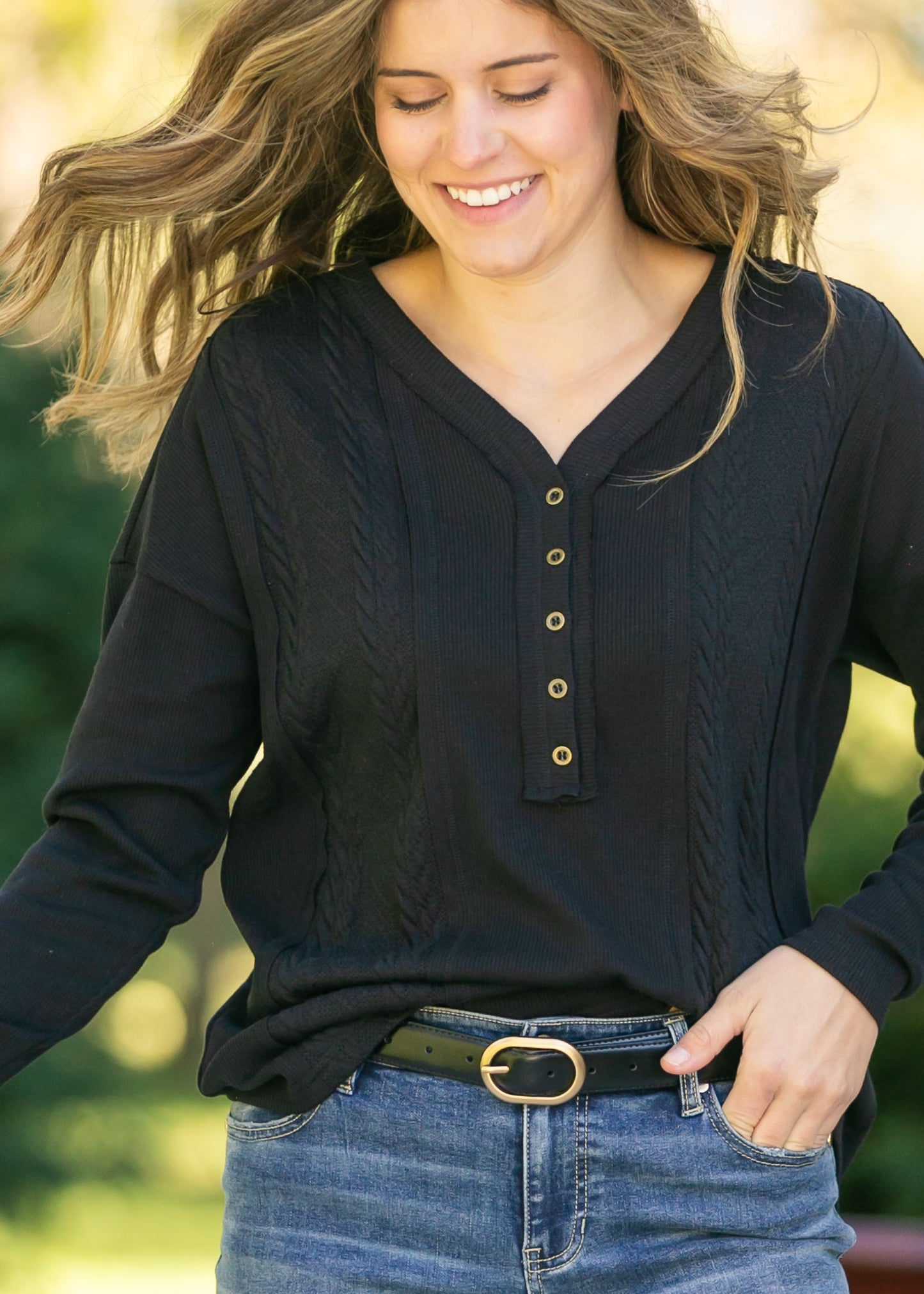 V-Neck Button Down Henley Knit Top - FINAL SALE