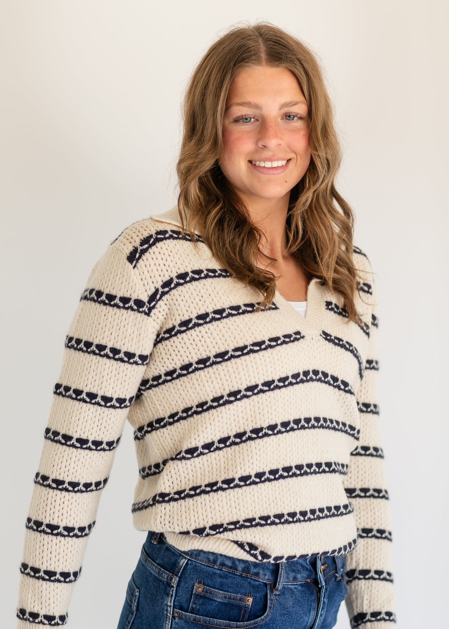V-neck Collared Cable Stitch Sweater - FINAL SALE