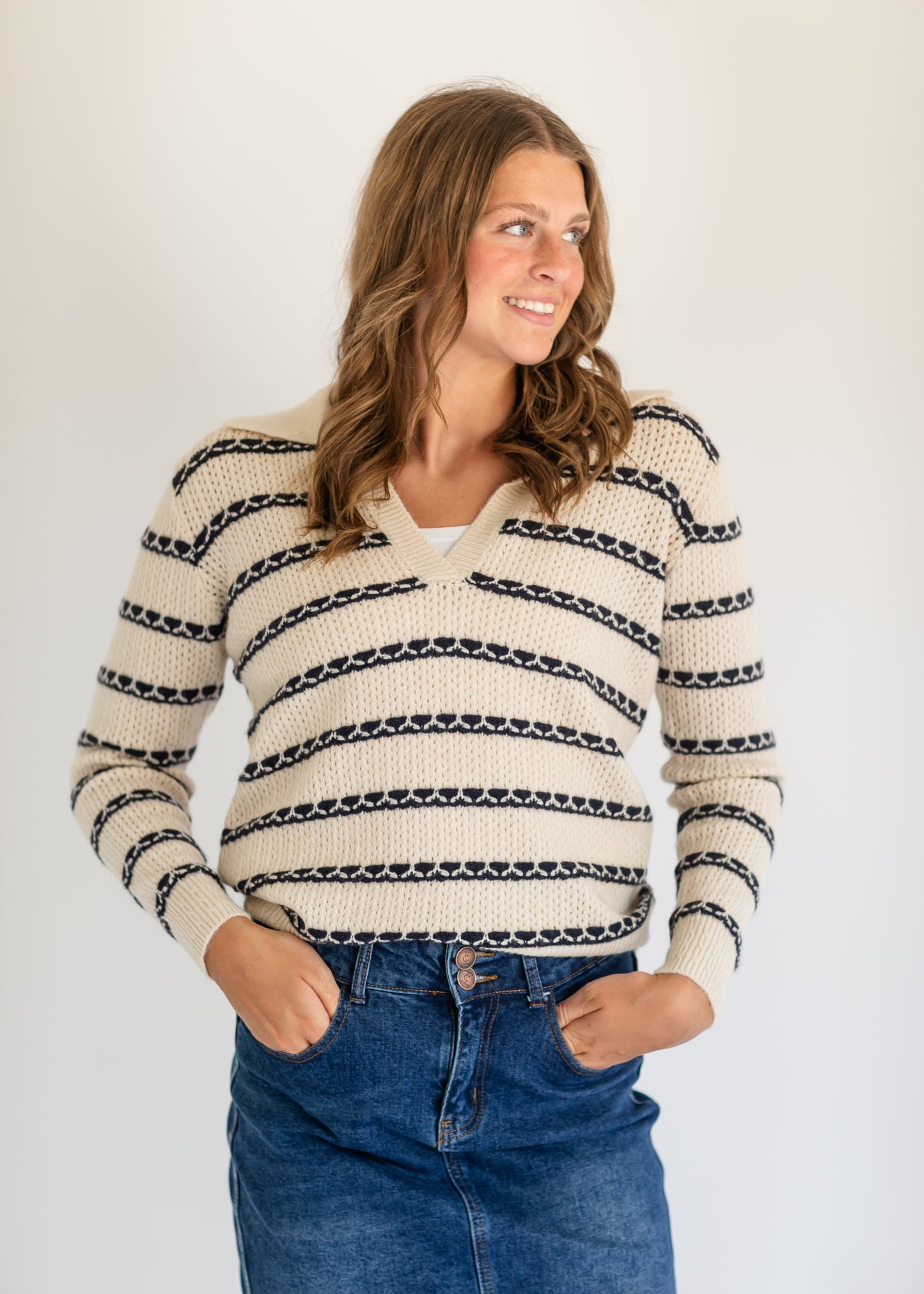 V-neck Collared Cable Stitch Sweater - FINAL SALE