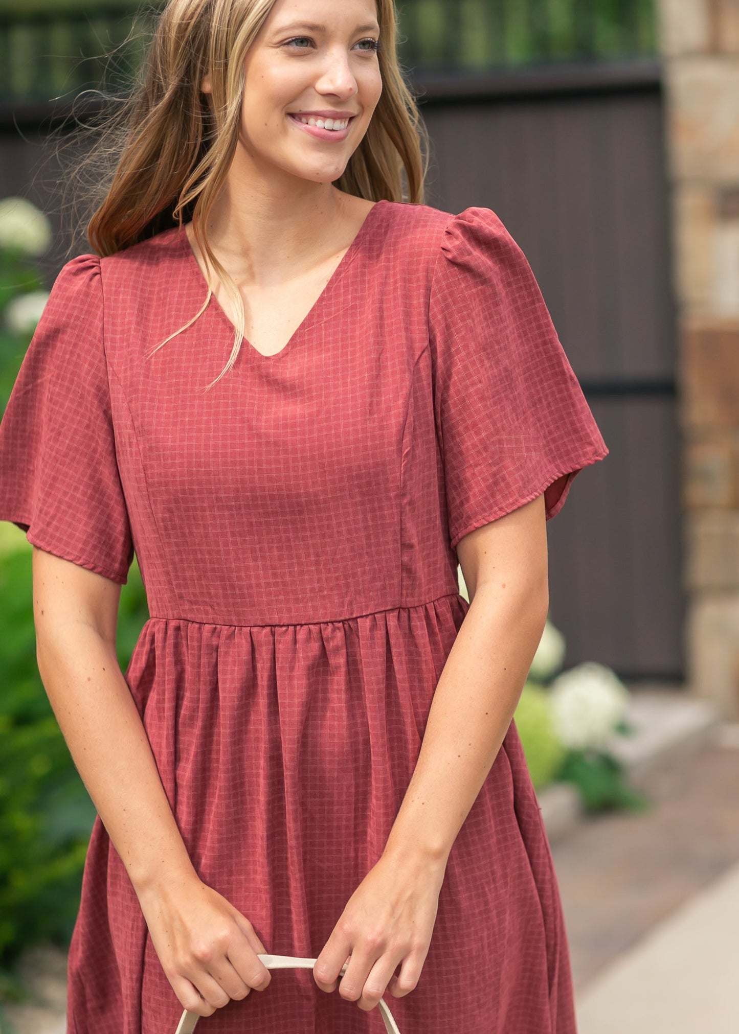 V-neck Gingham Maroon Dress