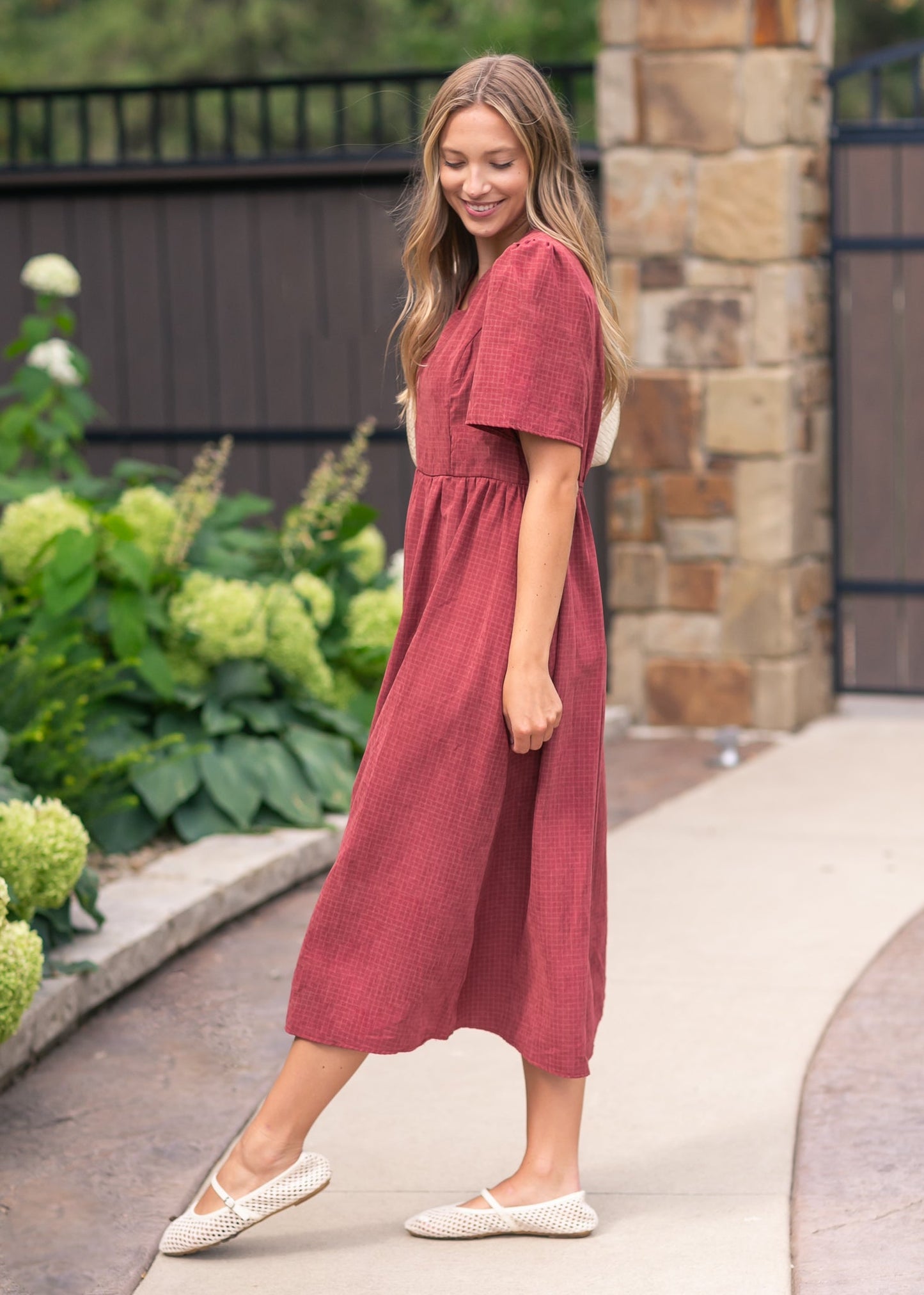 V-neck Gingham Maroon Dress