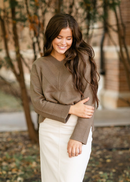 V-neck Light Brown Long Sleeve Sweater - FINAL SALE