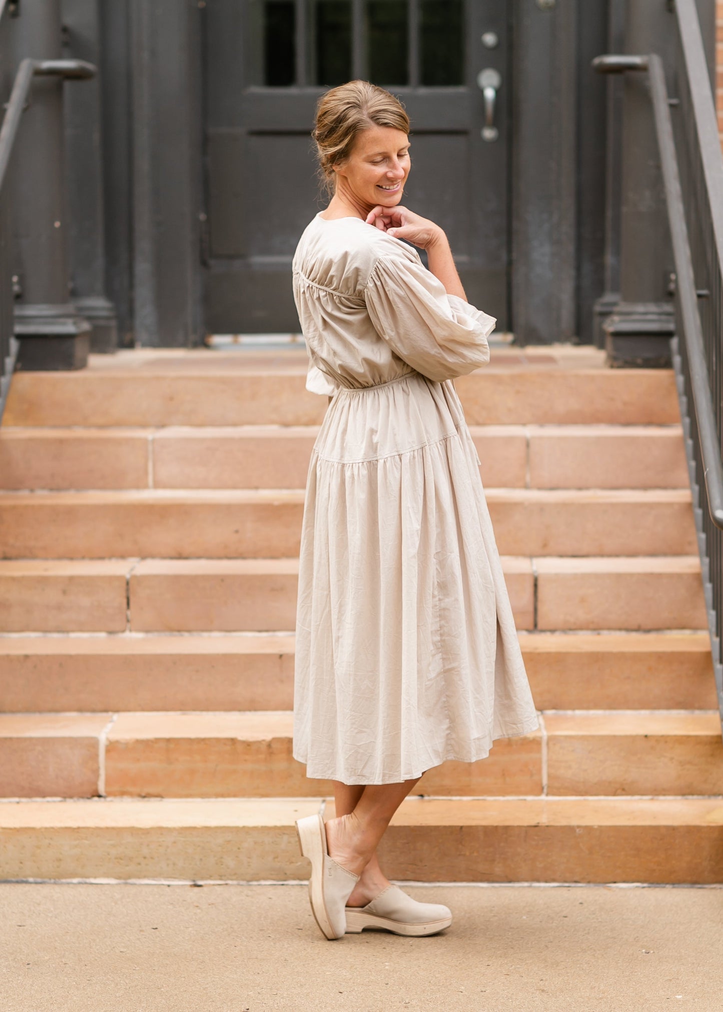V-neck Puff 3/4 Sleeve Midi Dress - FINAL SALE
