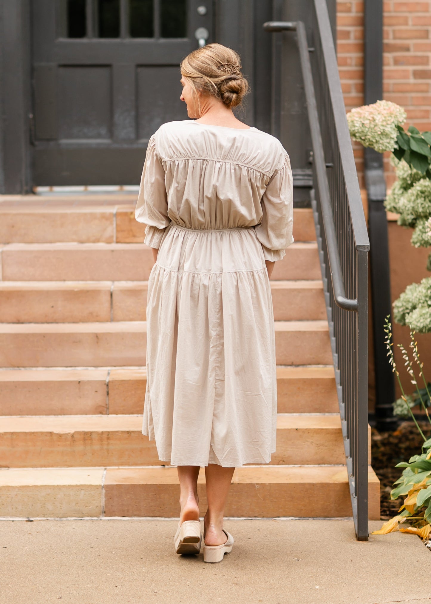 V-neck Puff 3/4 Sleeve Midi Dress - FINAL SALE