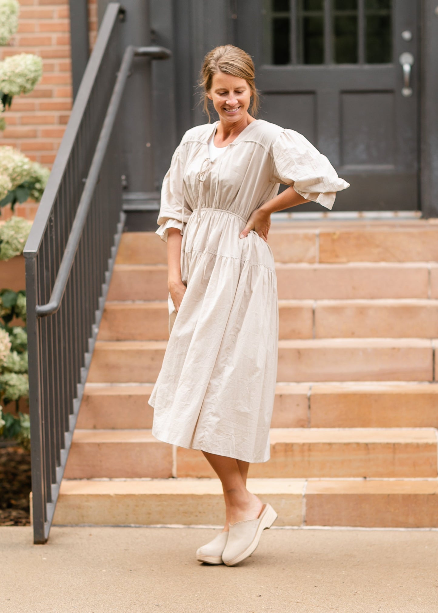 V-neck Puff 3/4 Sleeve Midi Dress - FINAL SALE