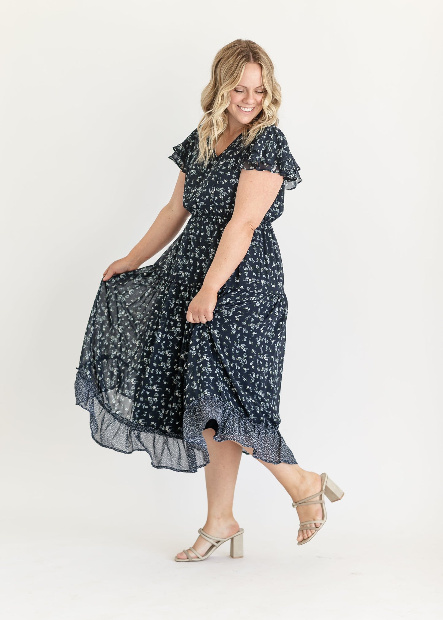 V-neck Ruffle Sleeve Floral Midi Dress - FINAL SALE