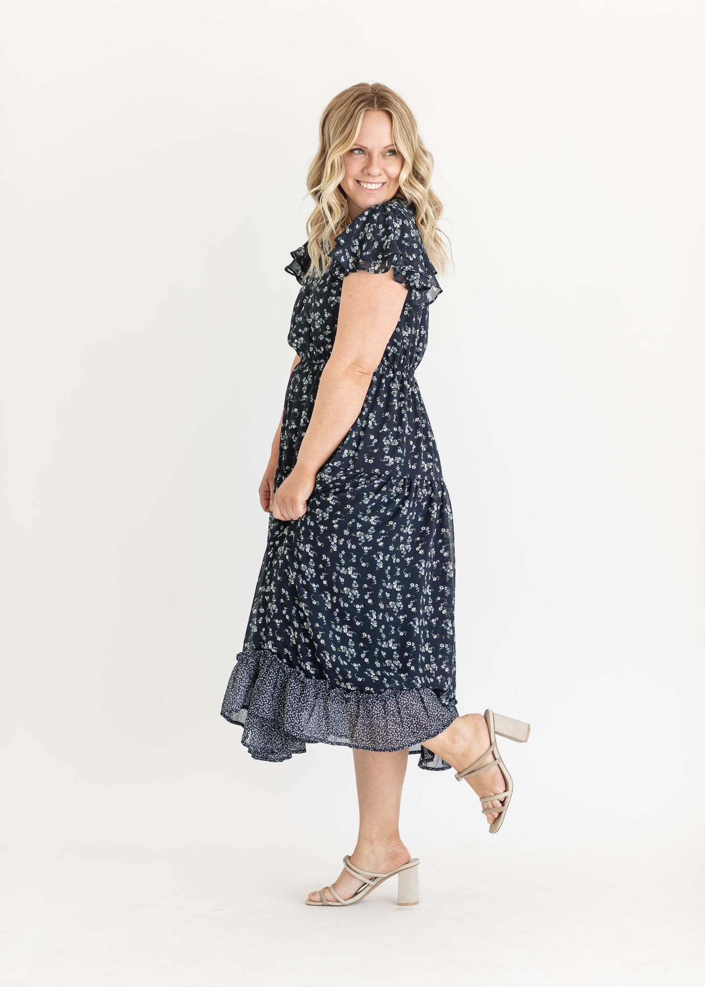 V-neck Ruffle Sleeve Floral Midi Dress - FINAL SALE