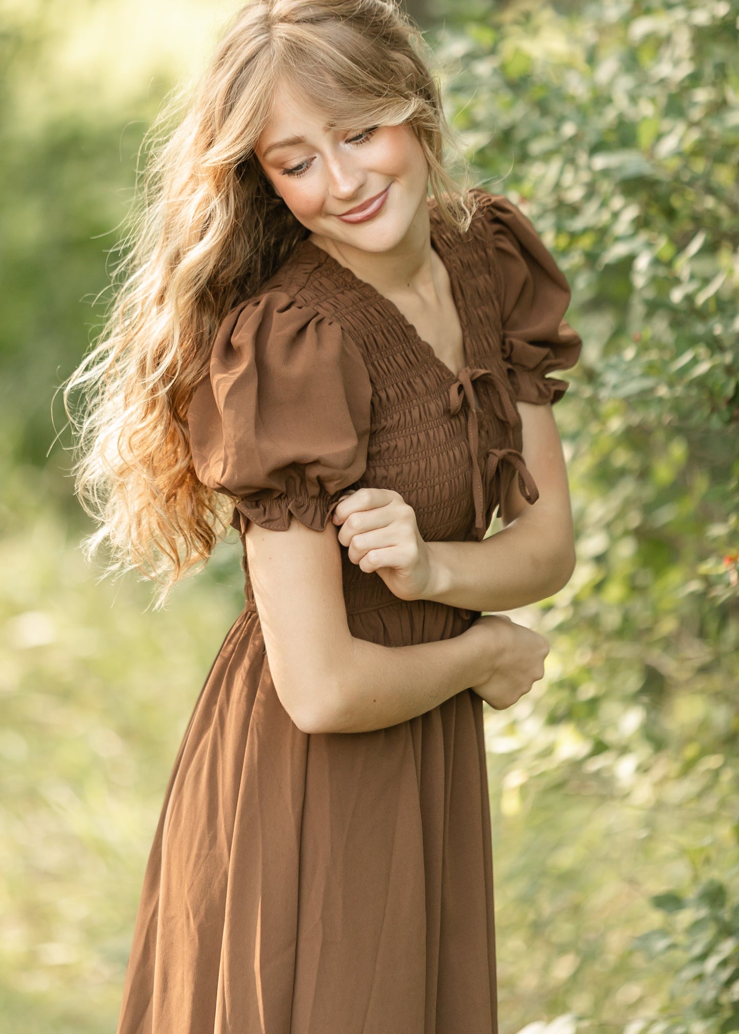 V-neck Smocked Front Tie Midi Dress - FINAL SALE