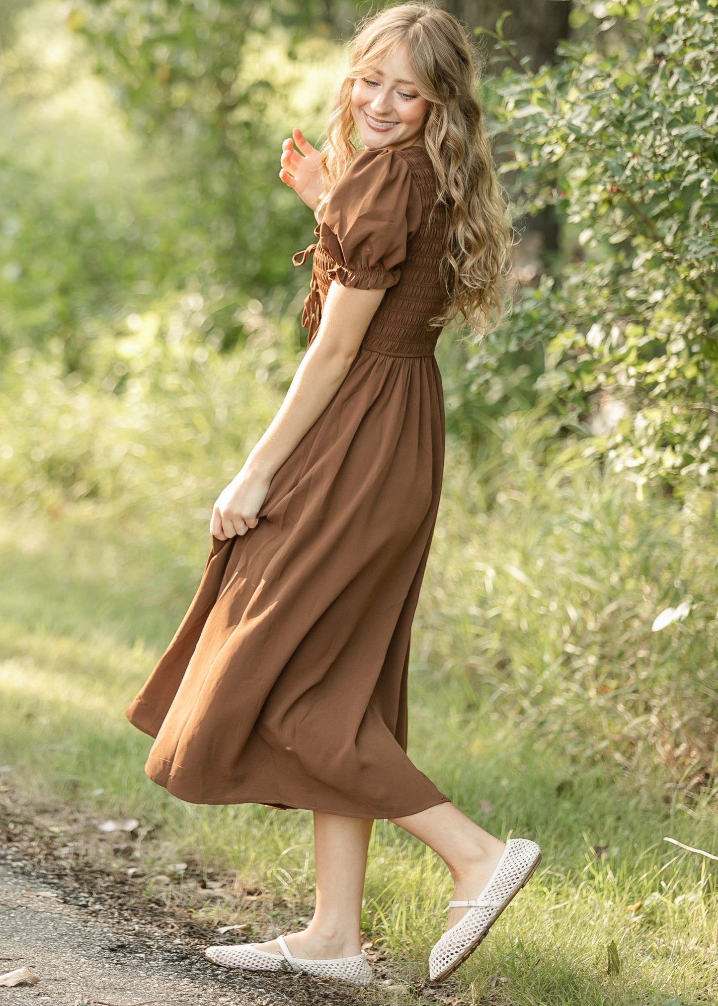 V-neck Smocked Front Tie Midi Dress - FINAL SALE