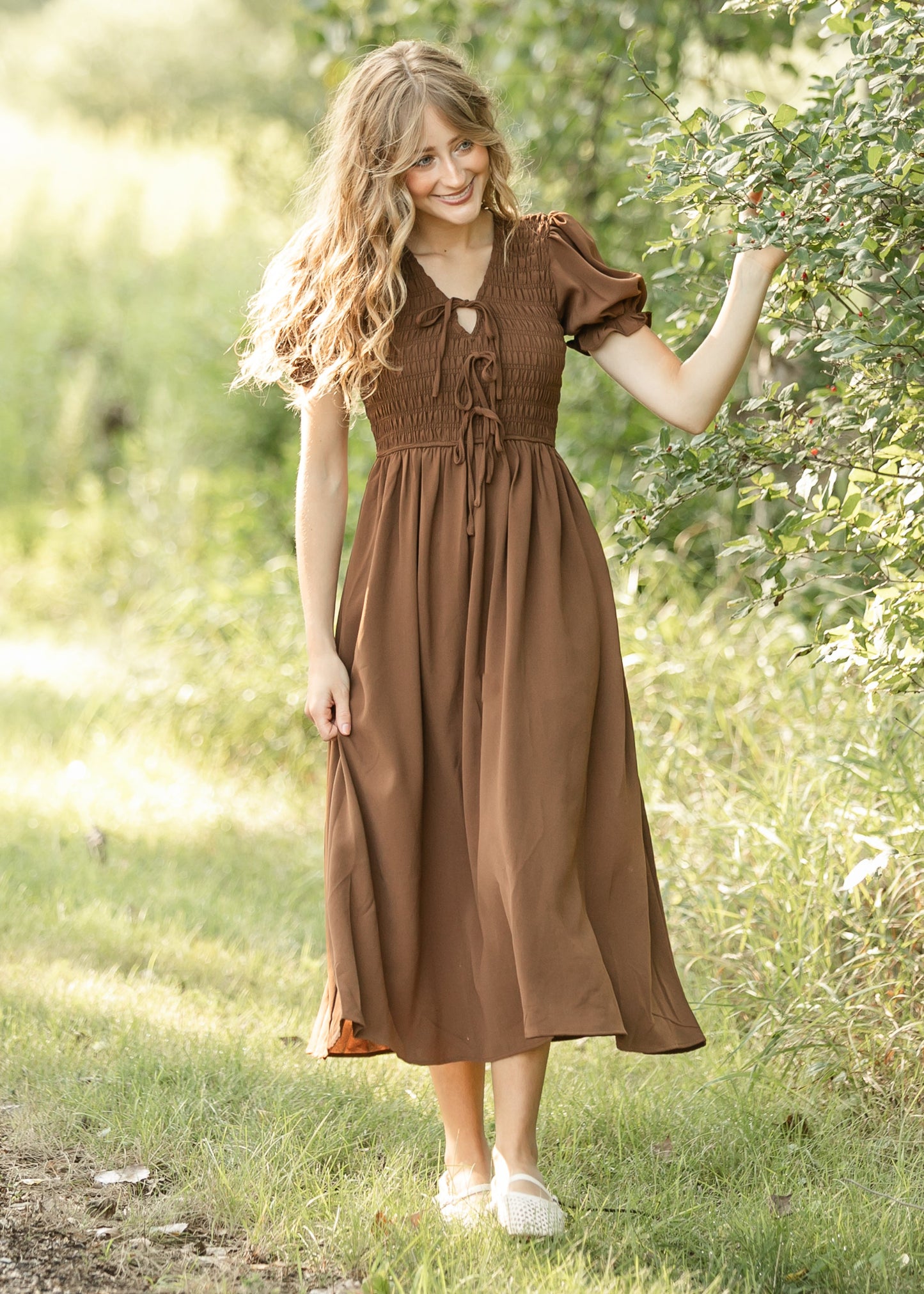 V-neck Smocked Front Tie Midi Dress - FINAL SALE