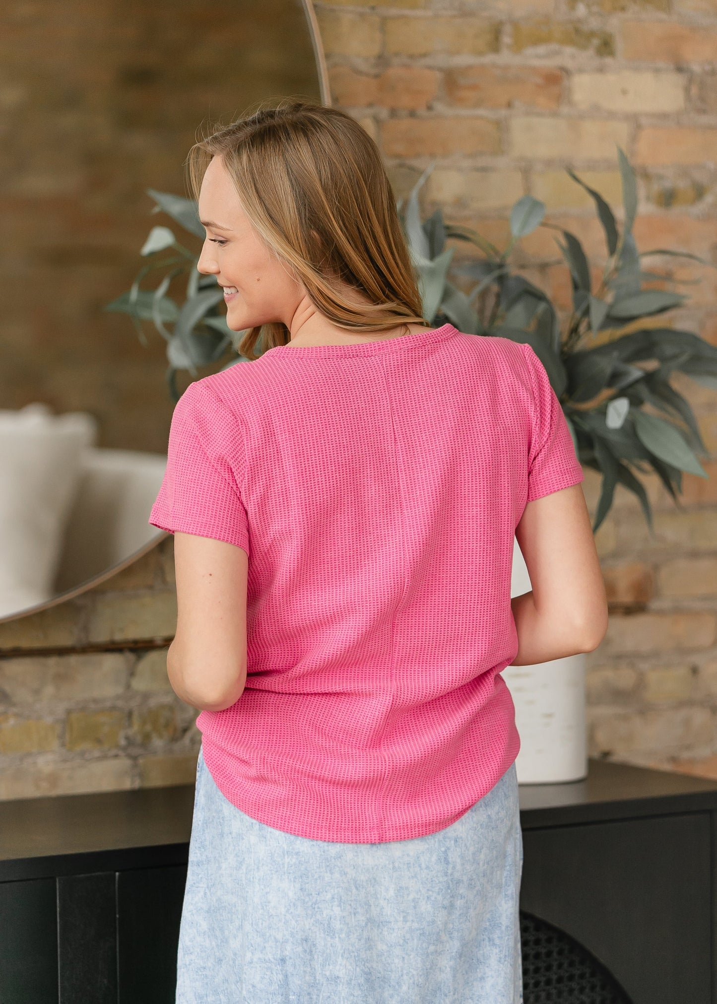 V-neck Waffle Knit Short Sleeve T-shirt - FINAL SALE