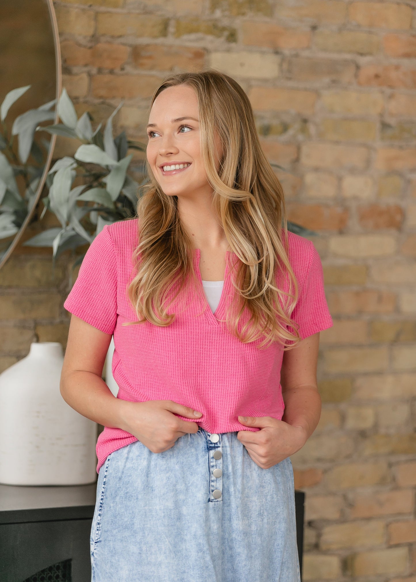 V-neck Waffle Knit Short Sleeve T-shirt - FINAL SALE