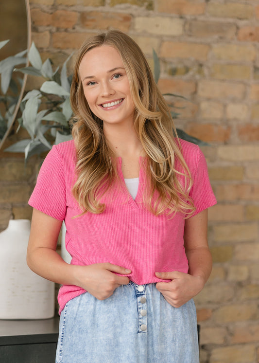 V-neck Waffle Knit Short Sleeve T-shirt - FINAL SALE