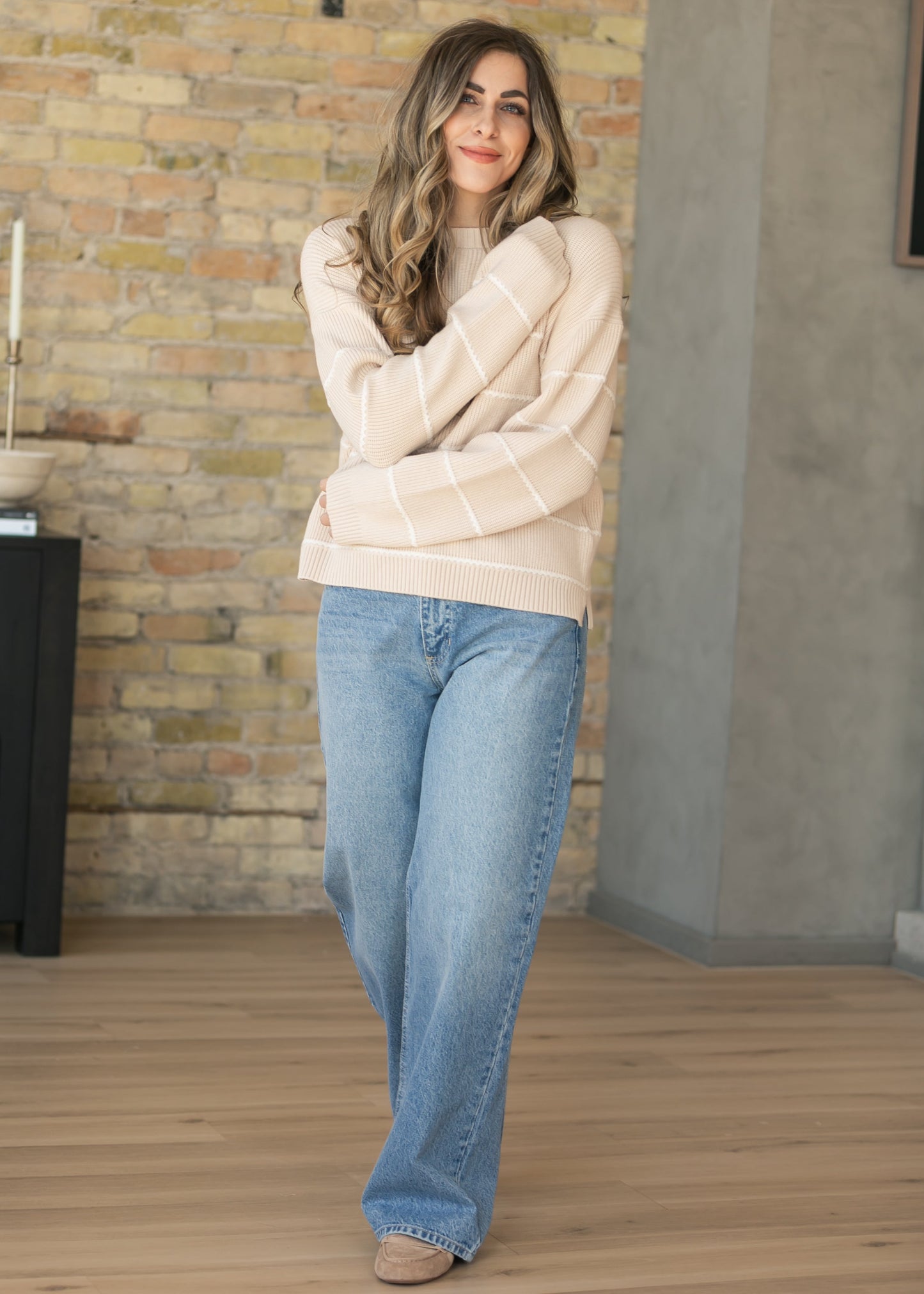 Varley® Tan Meryl Stripe Knit Sweater