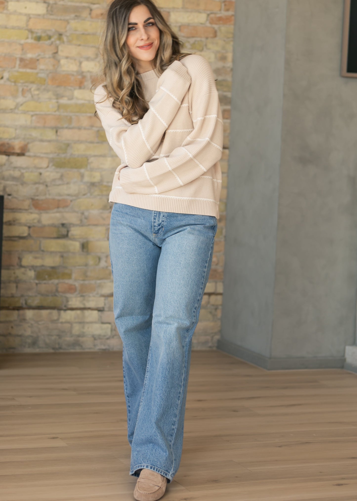 Varley® Tan Meryl Stripe Knit Sweater