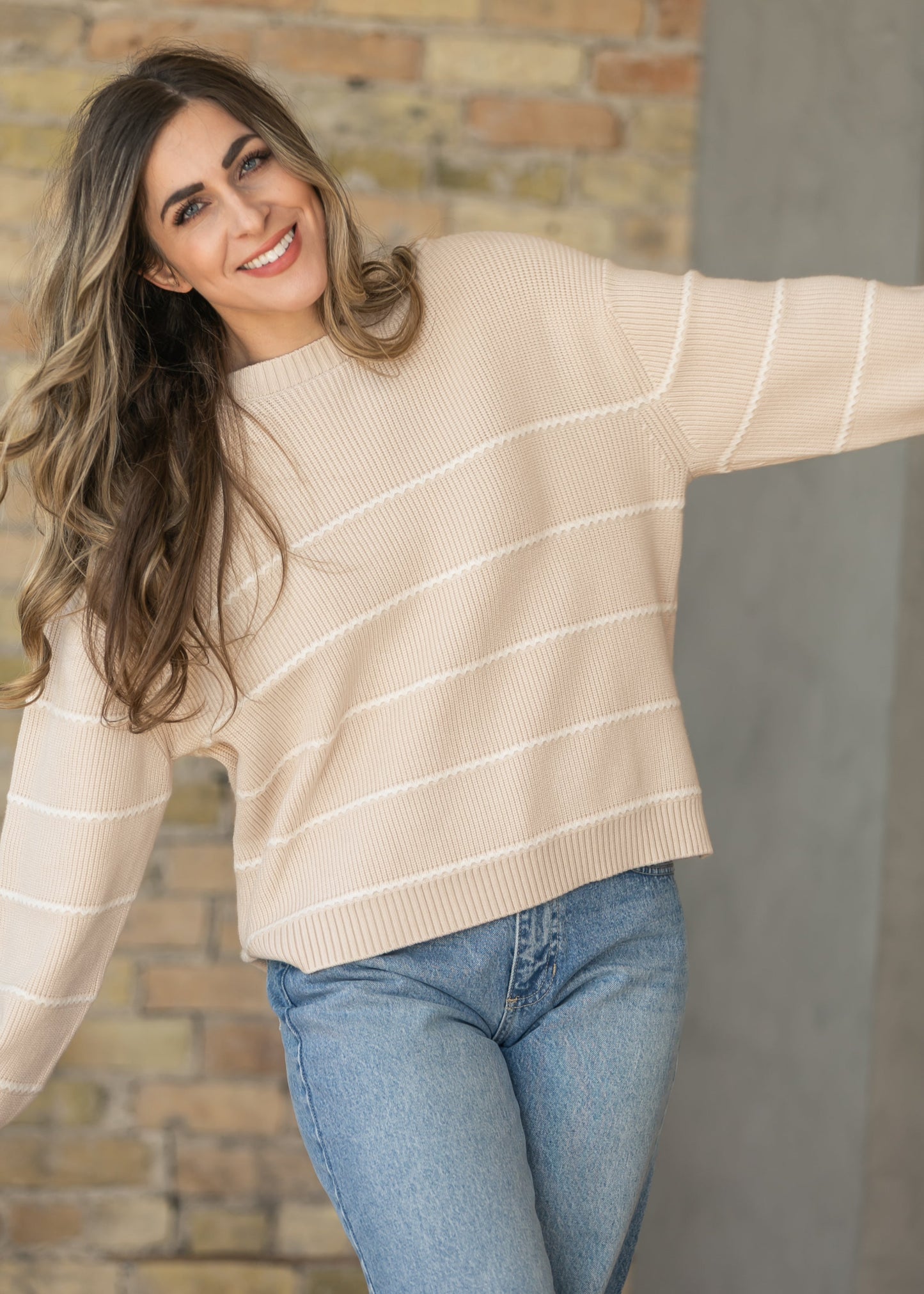 Varley® Tan Meryl Stripe Knit Sweater