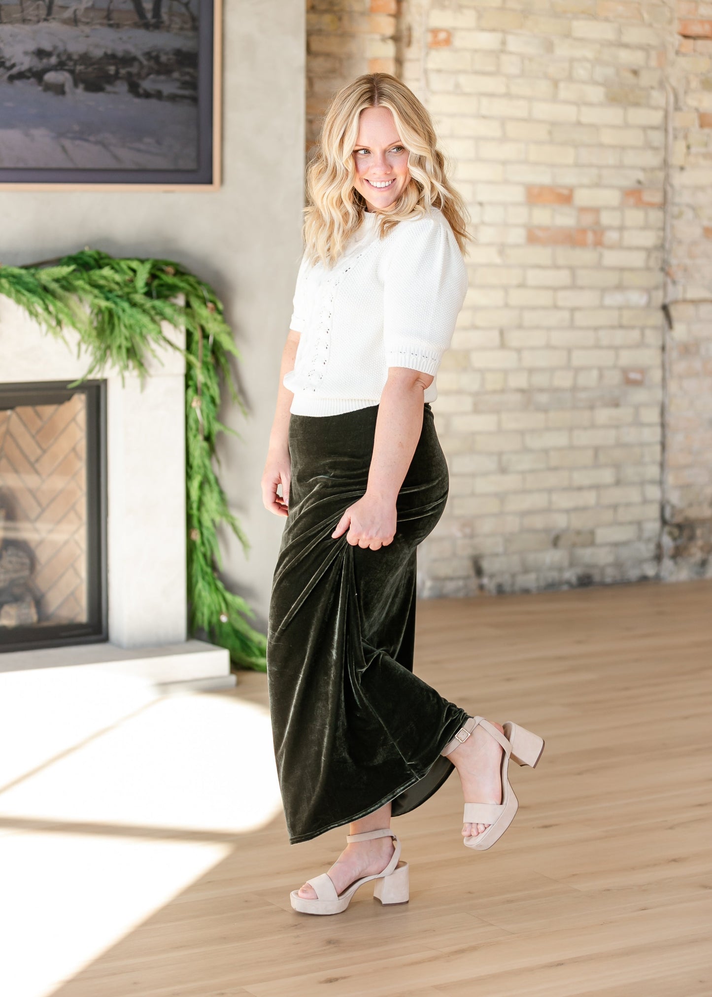Velvet Pull-on Green Maxi Skirt - FINAL SALE