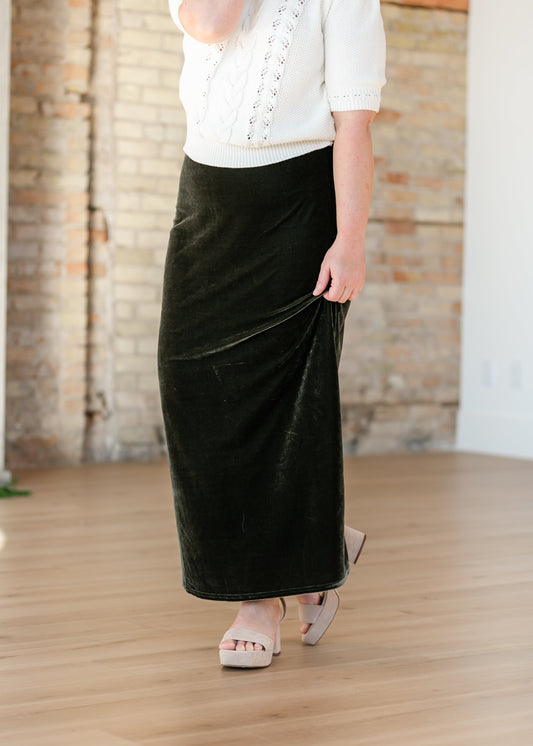 Velvet Pull-on Green Maxi Skirt - FINAL SALE