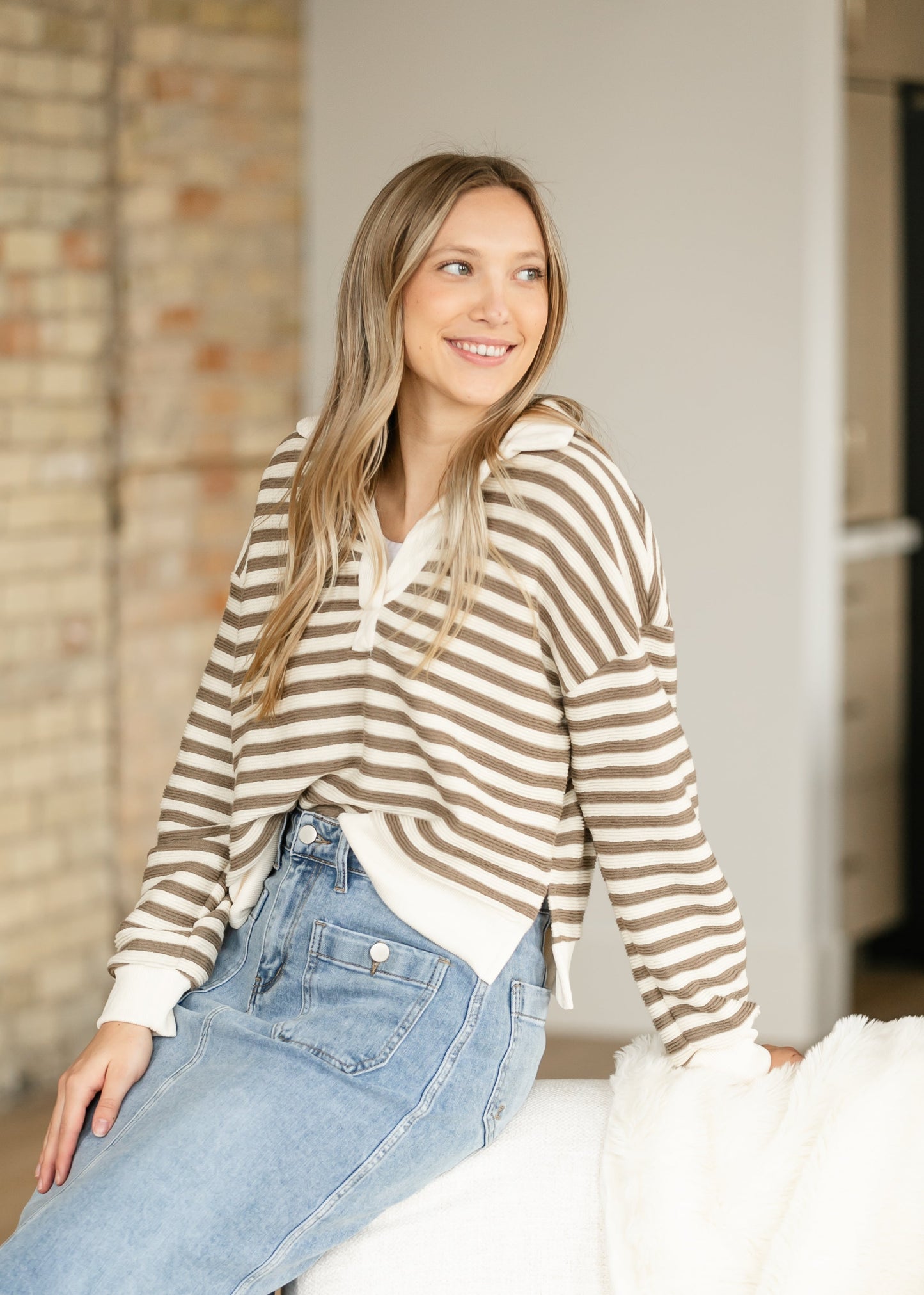 Viola Striped Drop Sleeve Collared Knit Top - FINAL SALE