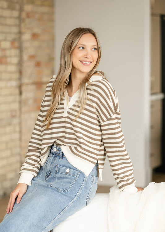 Viola Striped Drop Sleeve Collared Knit Top - FINAL SALE