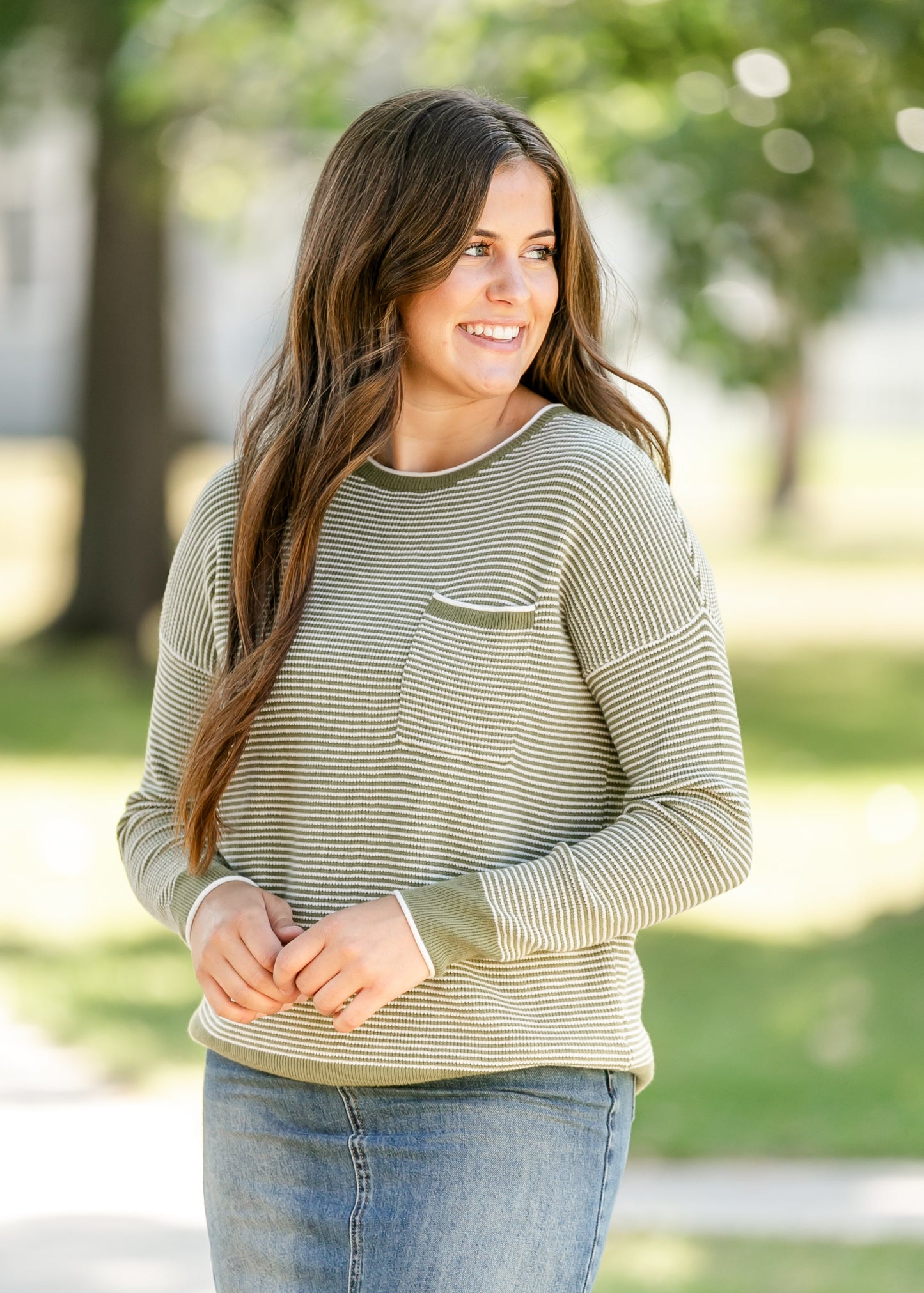 Waffle Knit Crewneck Striped Sweater