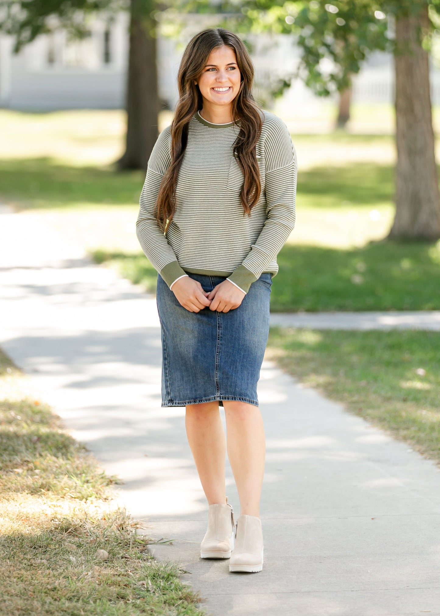 Waffle Knit Crewneck Striped Sweater
