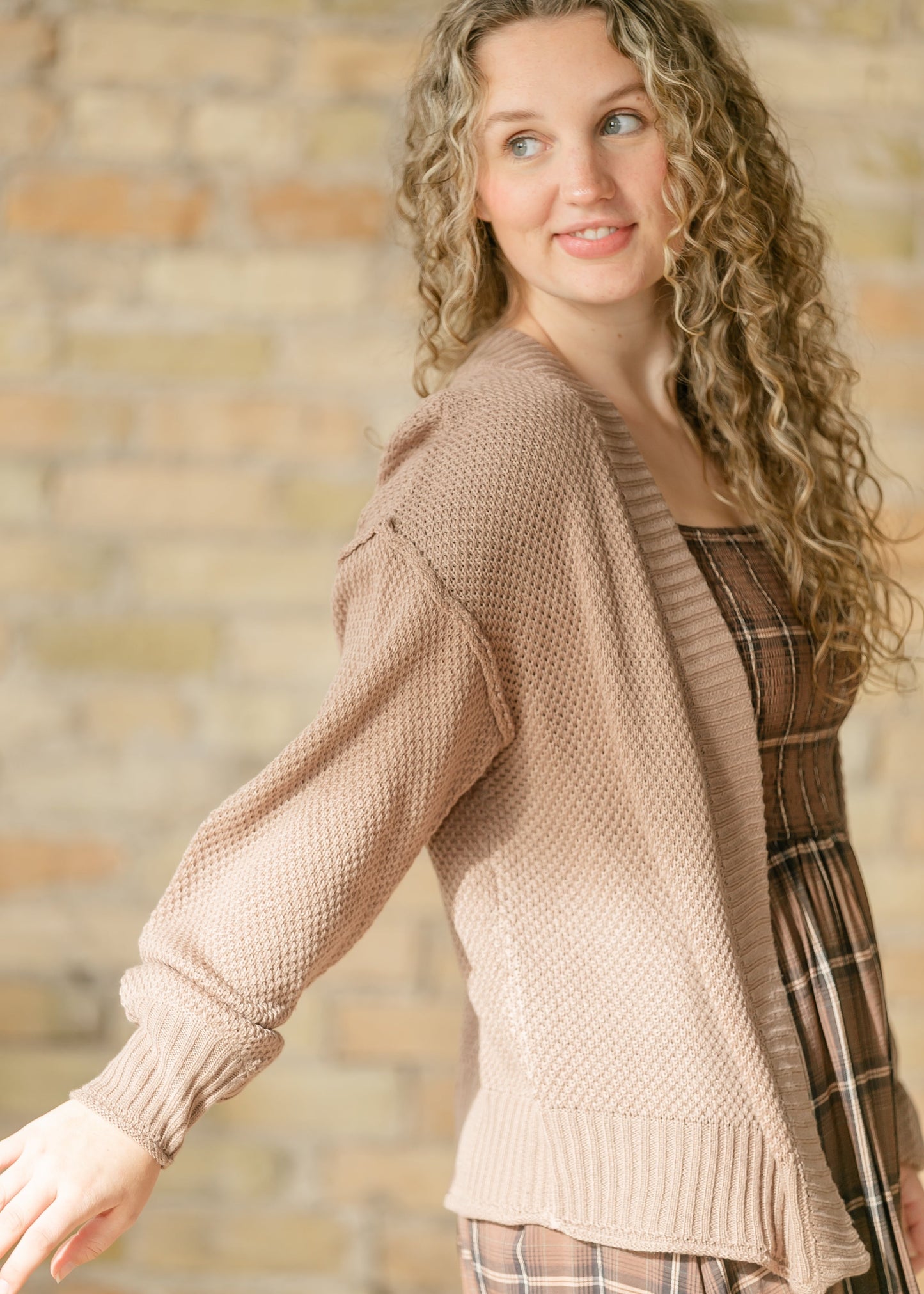 Waffle Open Front Balloon Sleeve Cardigan