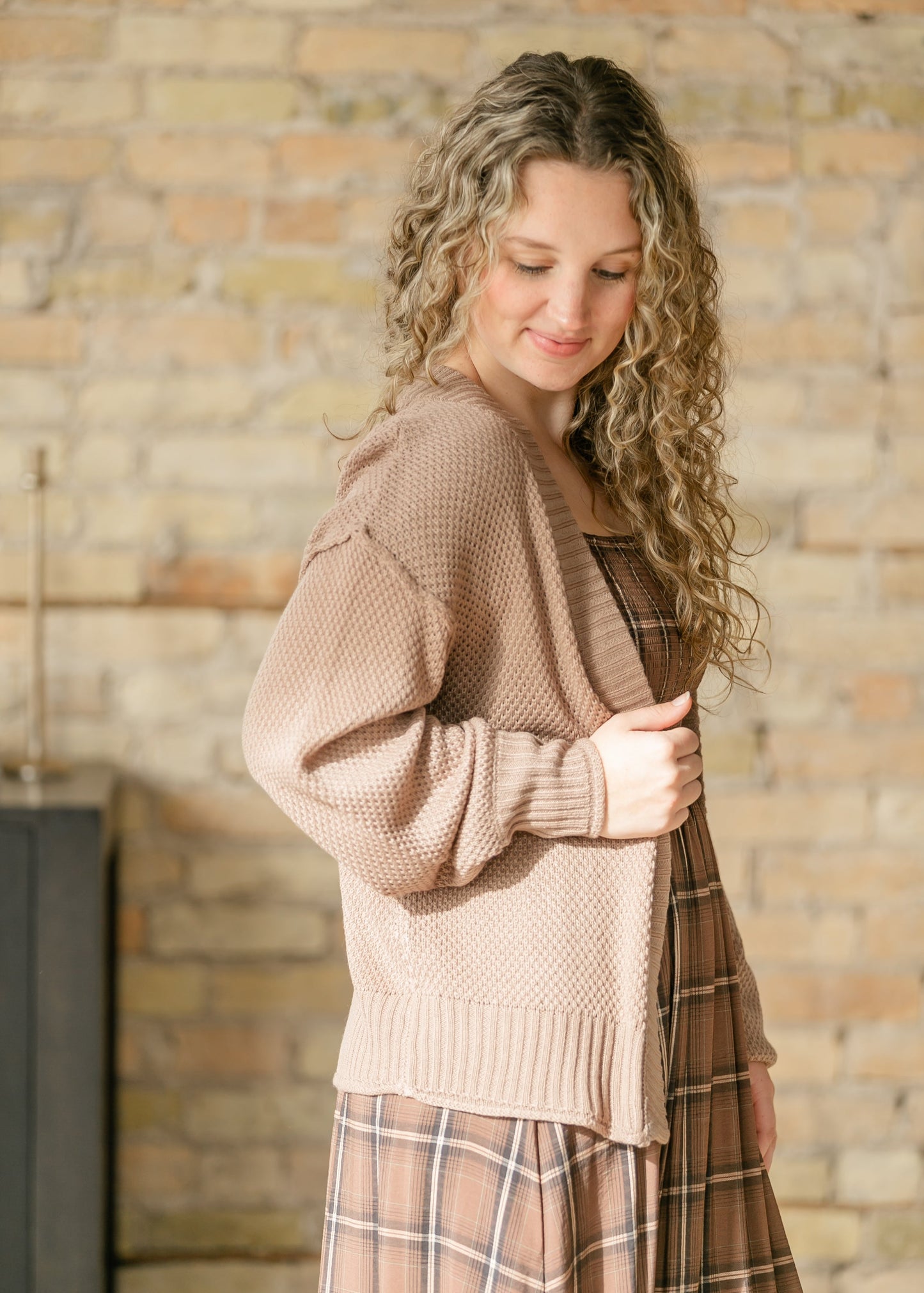Waffle Open Front Balloon Sleeve Cardigan