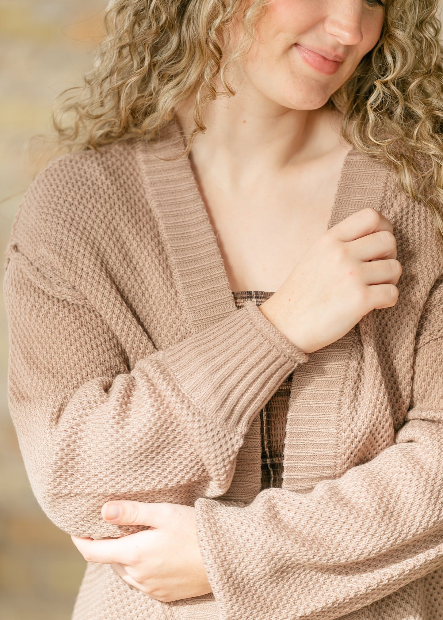 Waffle Open Front Balloon Sleeve Cardigan