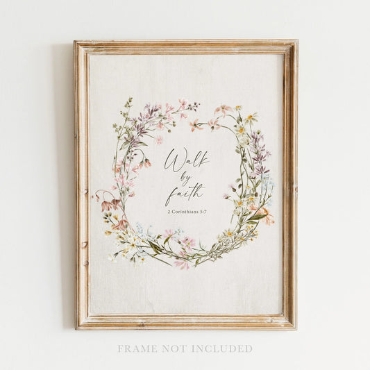 Walk by Faith Floral Wreath Wall Art Print Christian Decor