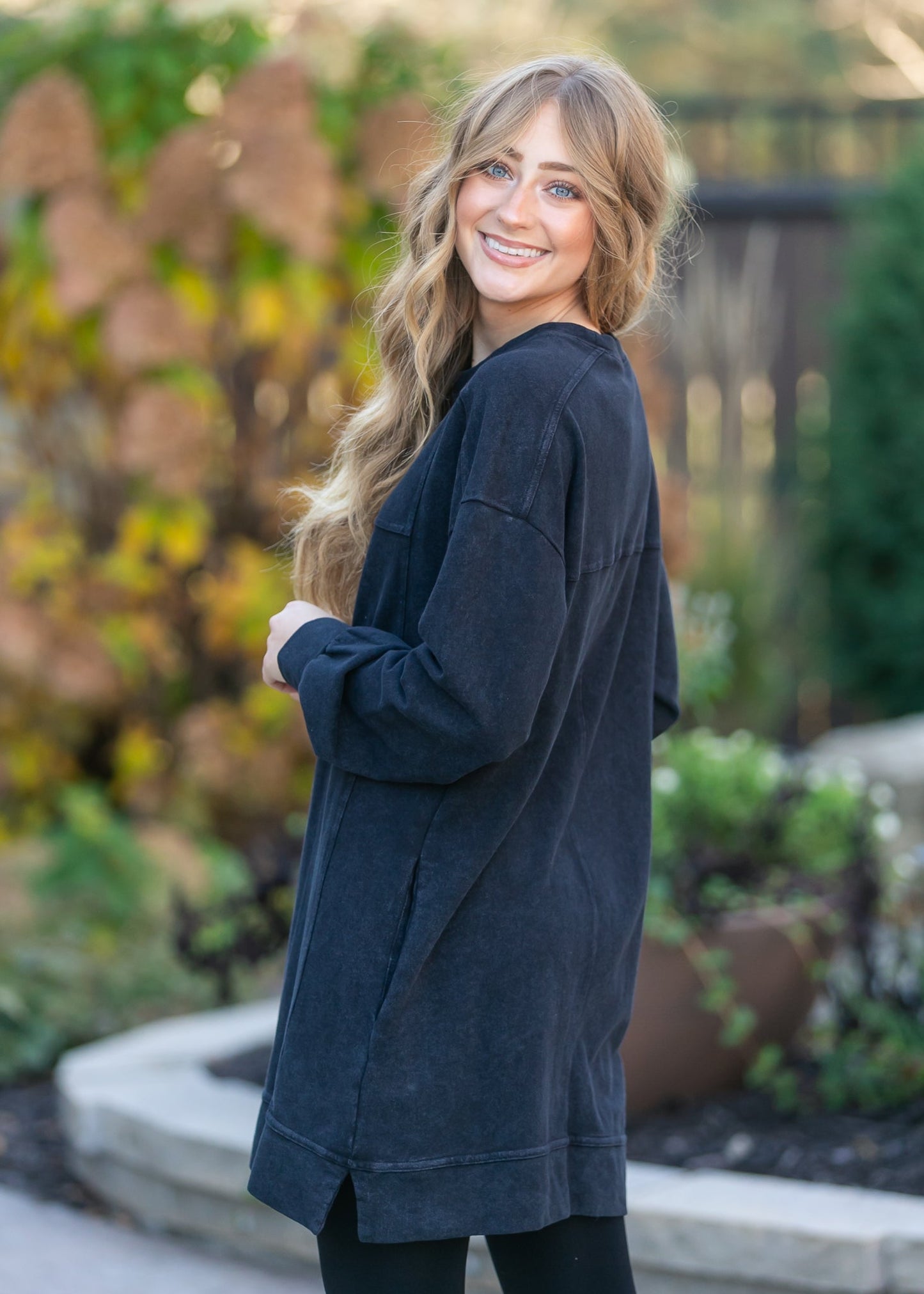 Washed Black Long Sleeve Midi Dress