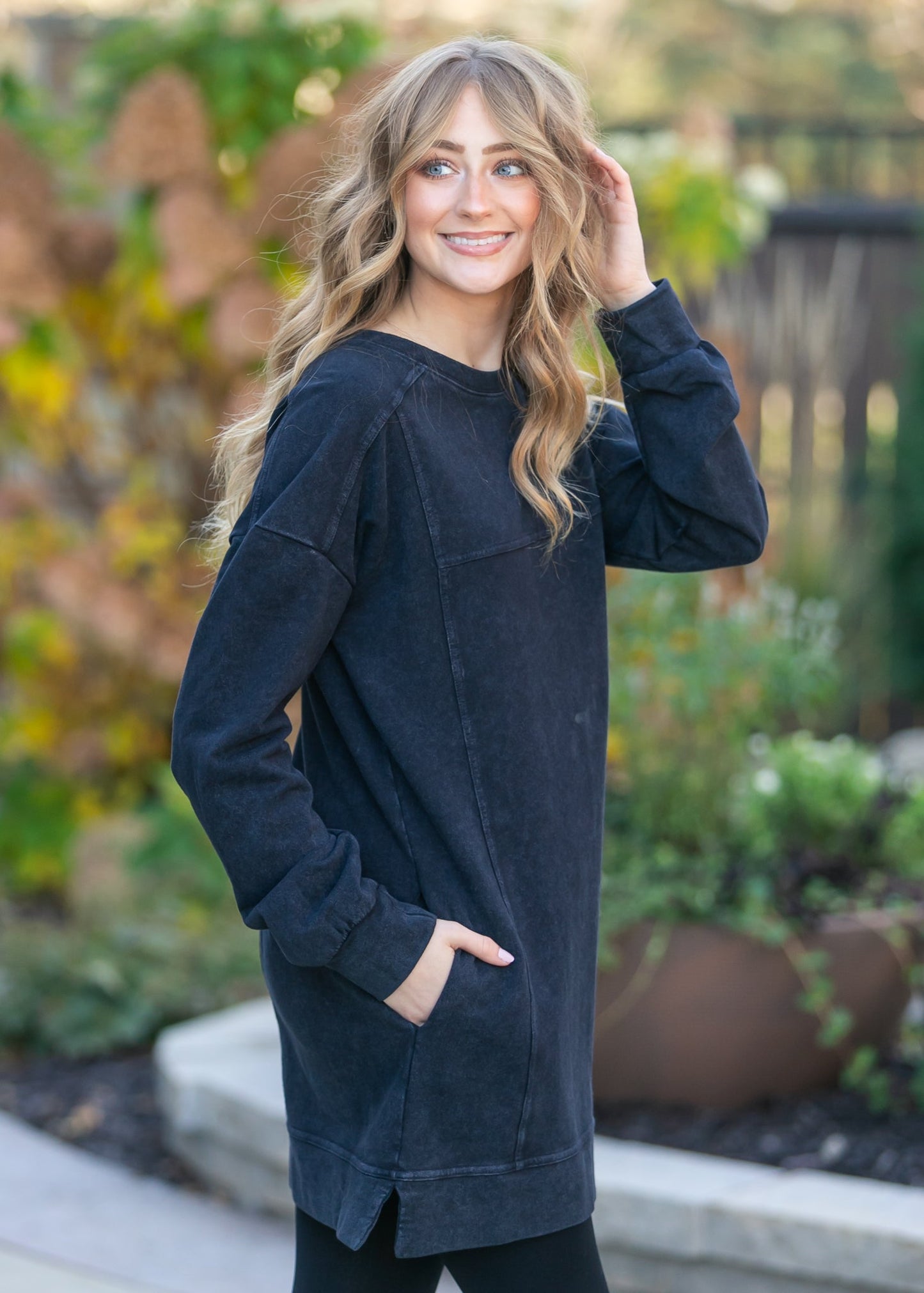 Washed Black Long Sleeve Midi Dress