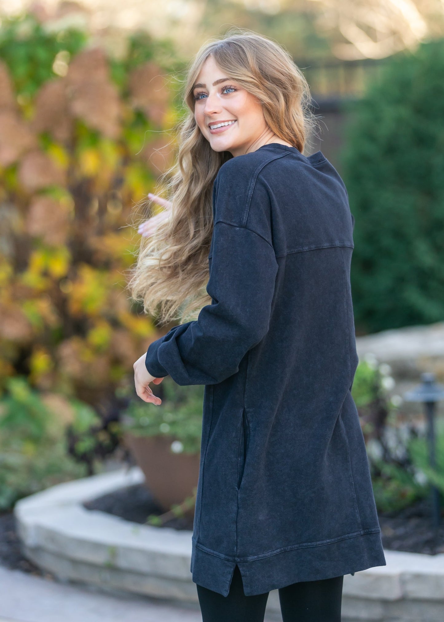 Washed Black Long Sleeve Midi Dress