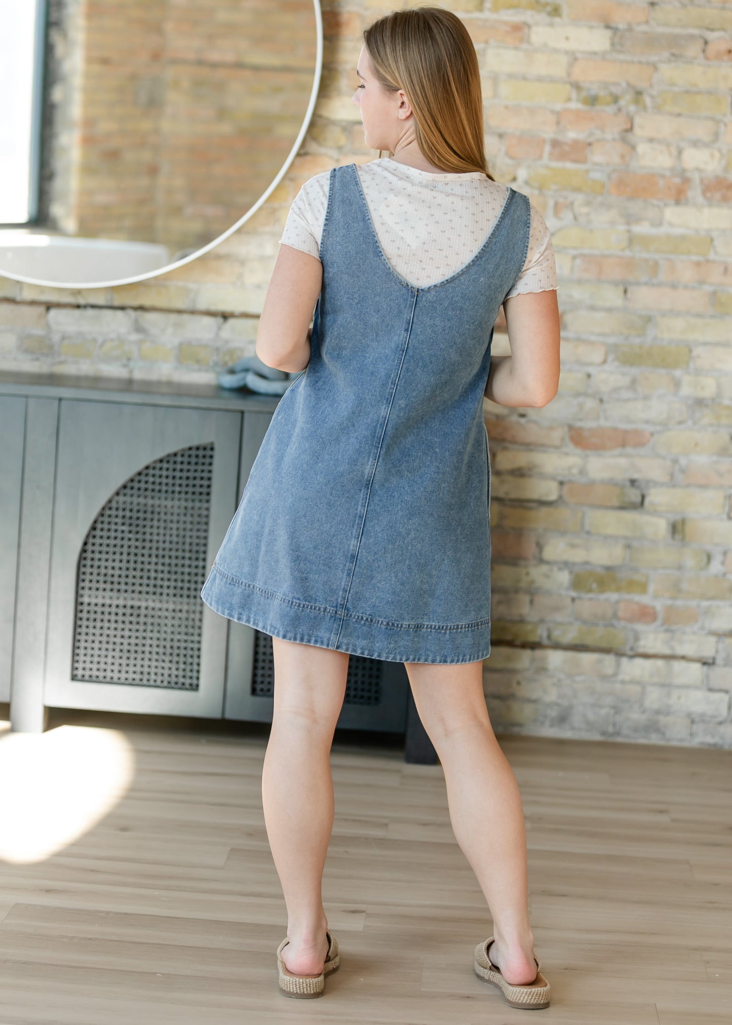 Washed Denim V-Neck Midi Dress