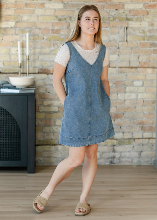 Washed Denim V-Neck Midi Dress