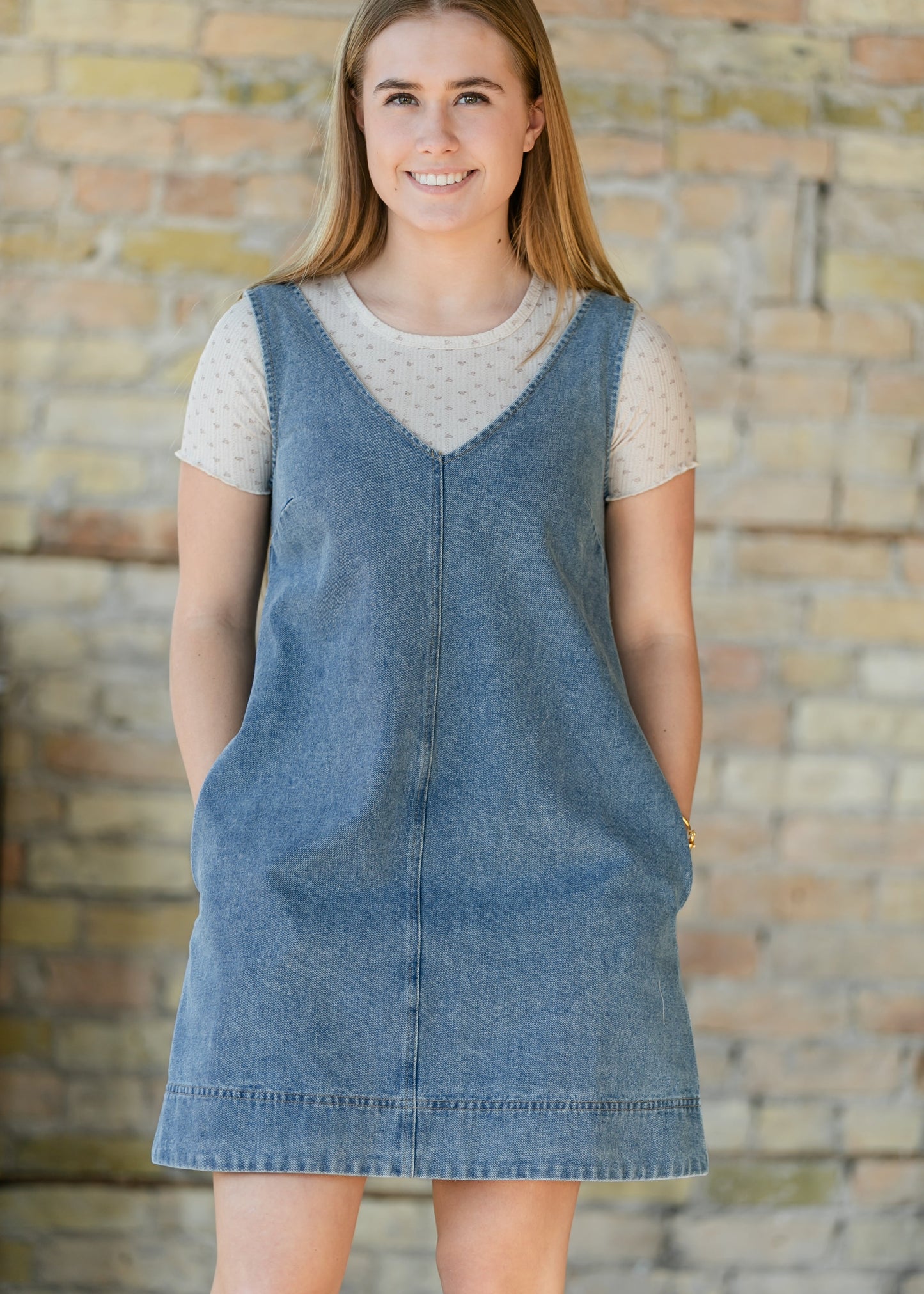 Washed Denim V-Neck Midi Dress