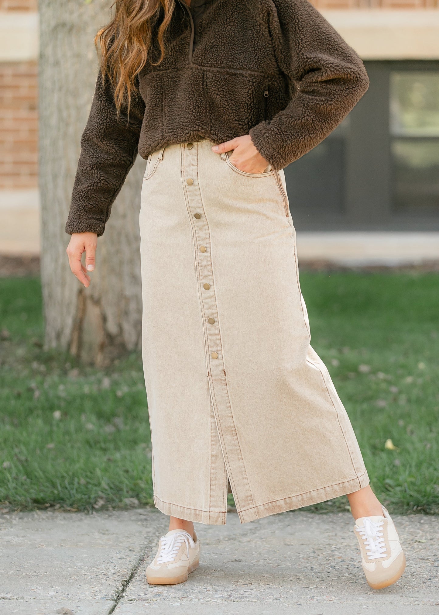 Washed Front Slit Denim Maxi Skirt - FINAL SALE