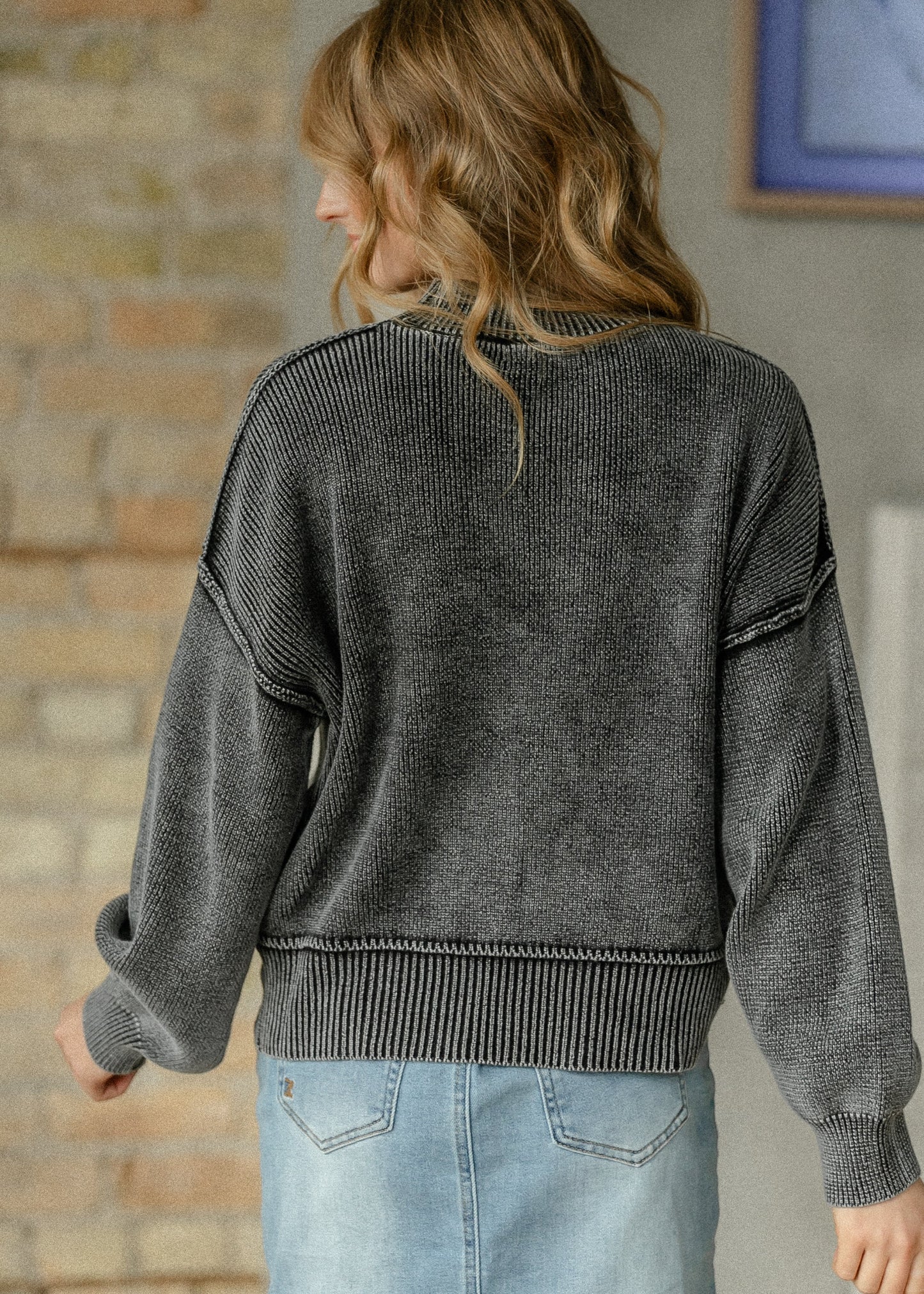 Washed Mock Neck Knit Pullover