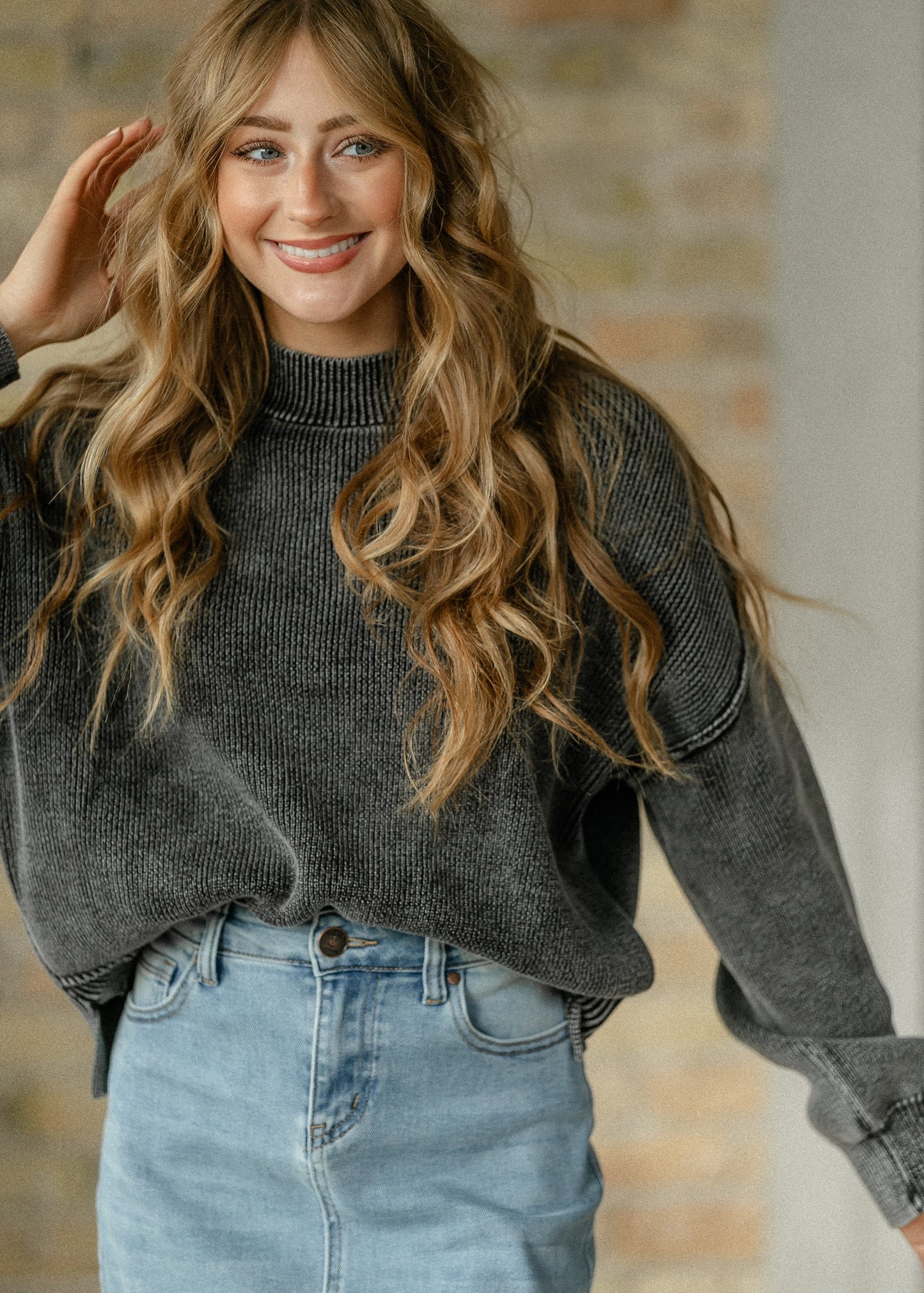 Washed Mock Neck Knit Pullover