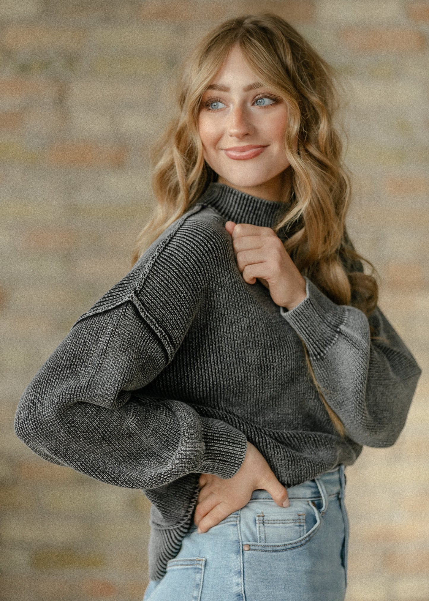 Washed Mock Neck Knit Pullover