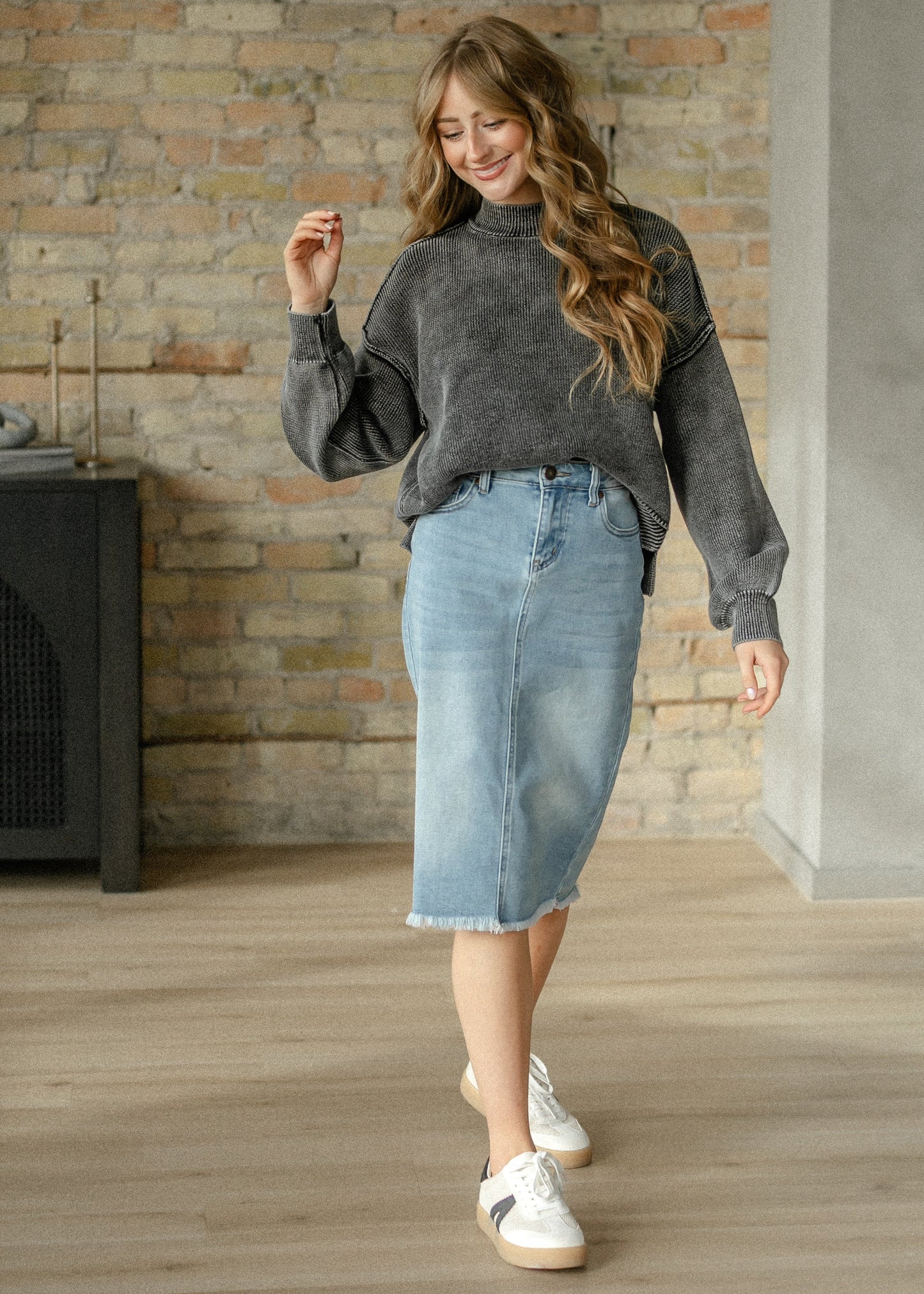 Washed Mock Neck Knit Pullover