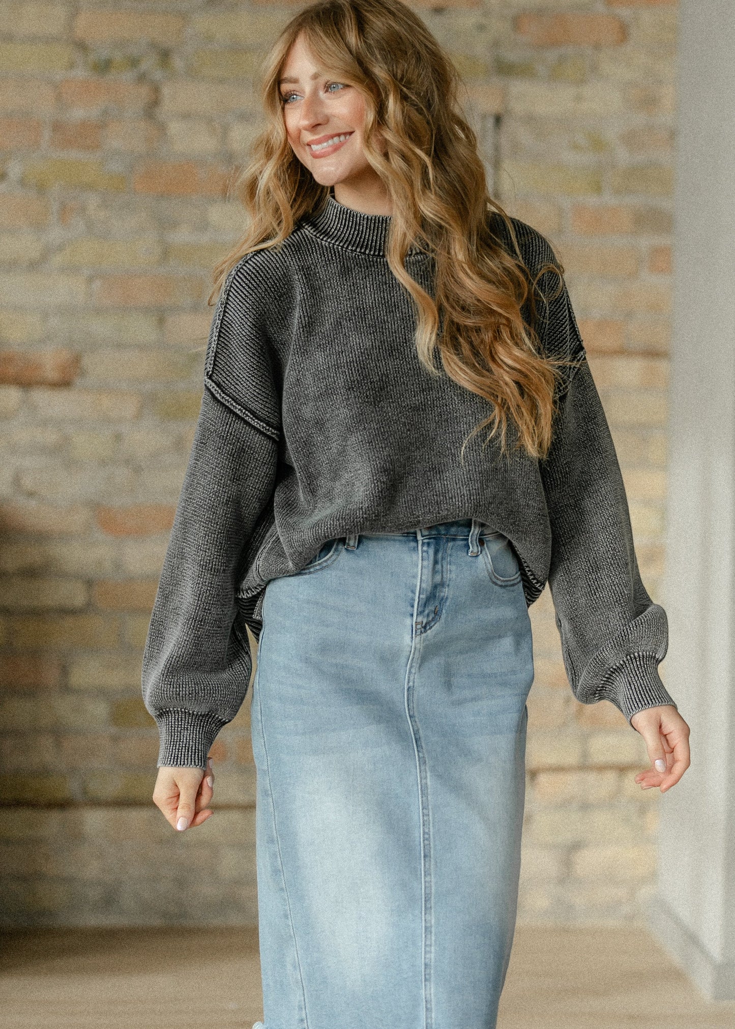 Washed Mock Neck Knit Pullover