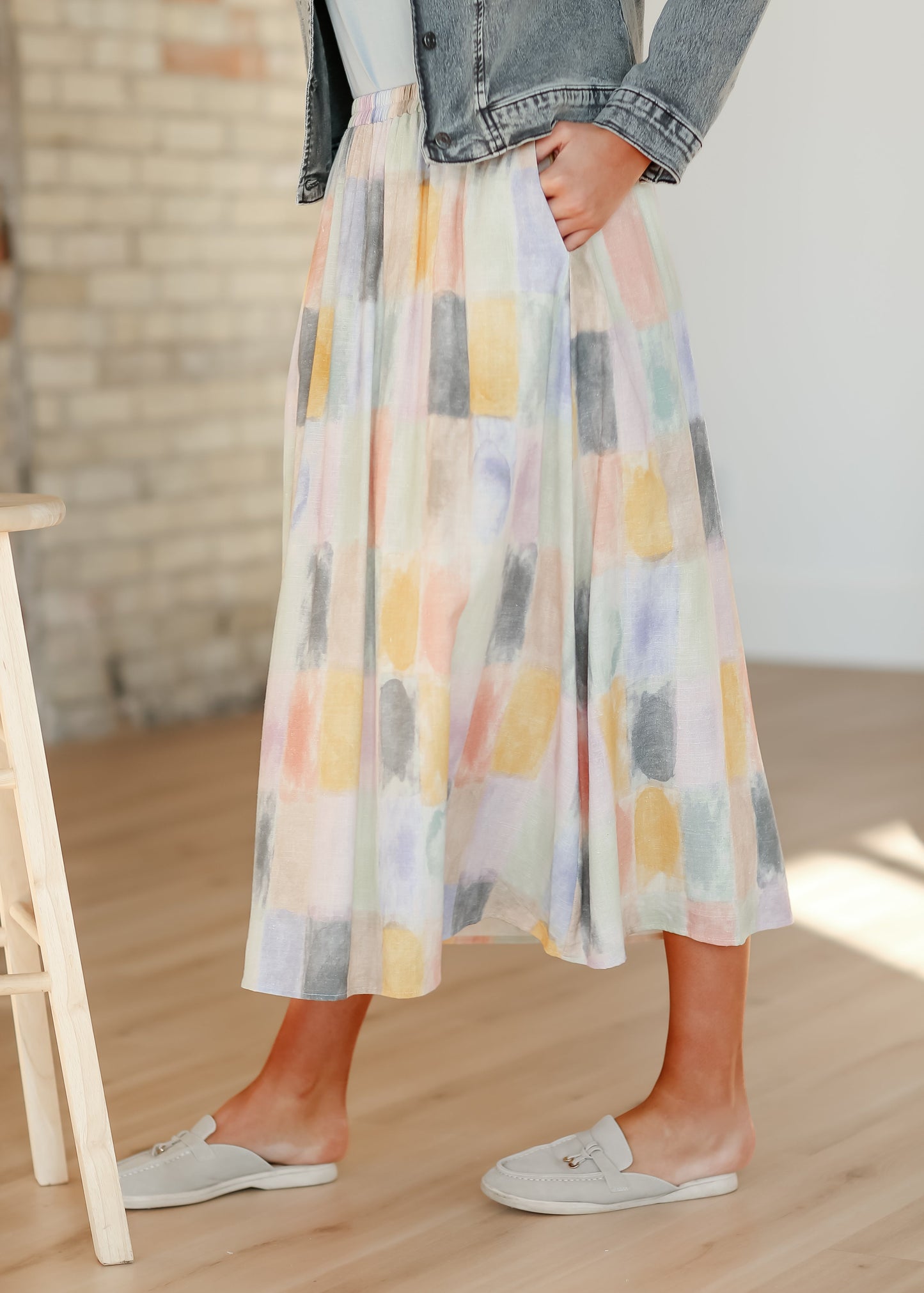 Watercolor Block Print Elastic Waist Maxi Skirt - FINAL SALE