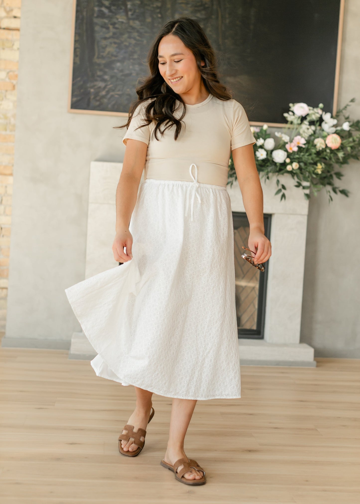 White Eyelet Lace Drawstring Midi Skirt - FINAL SALE