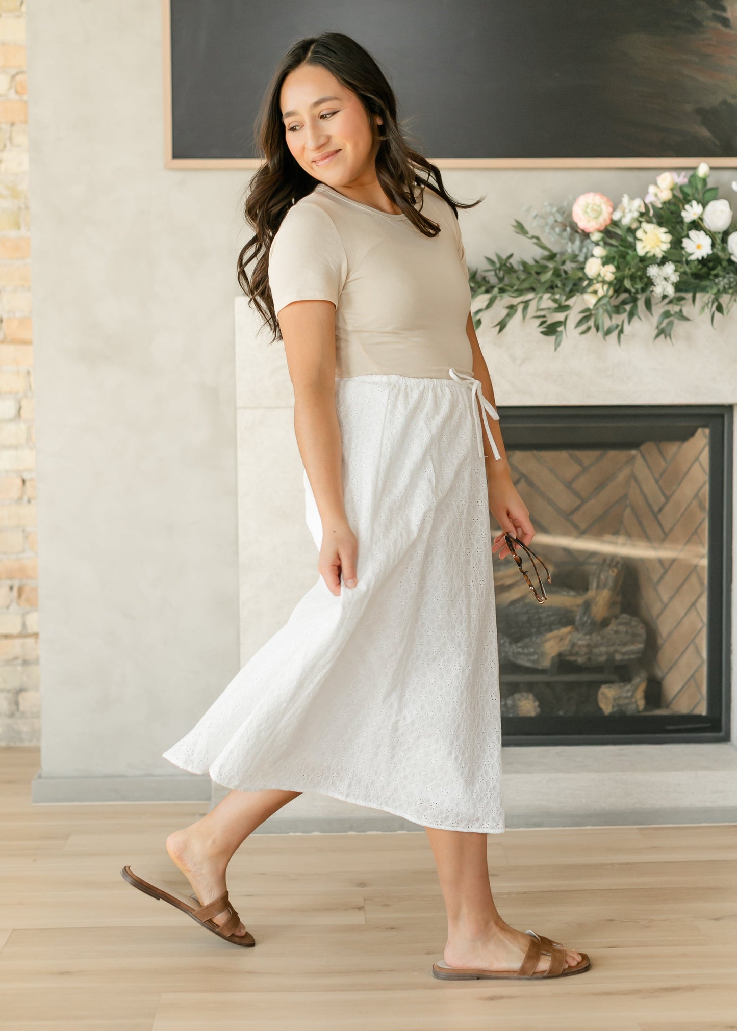 White Eyelet Lace Drawstring Midi Skirt - FINAL SALE