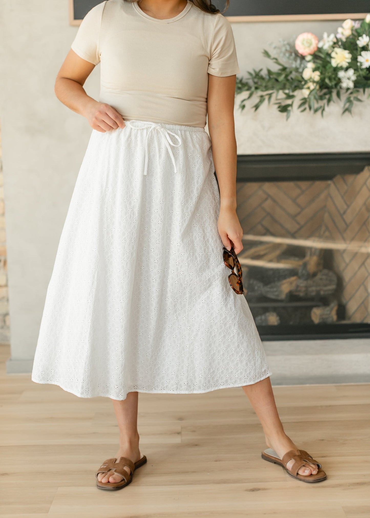 White Eyelet Lace Drawstring Midi Skirt - FINAL SALE