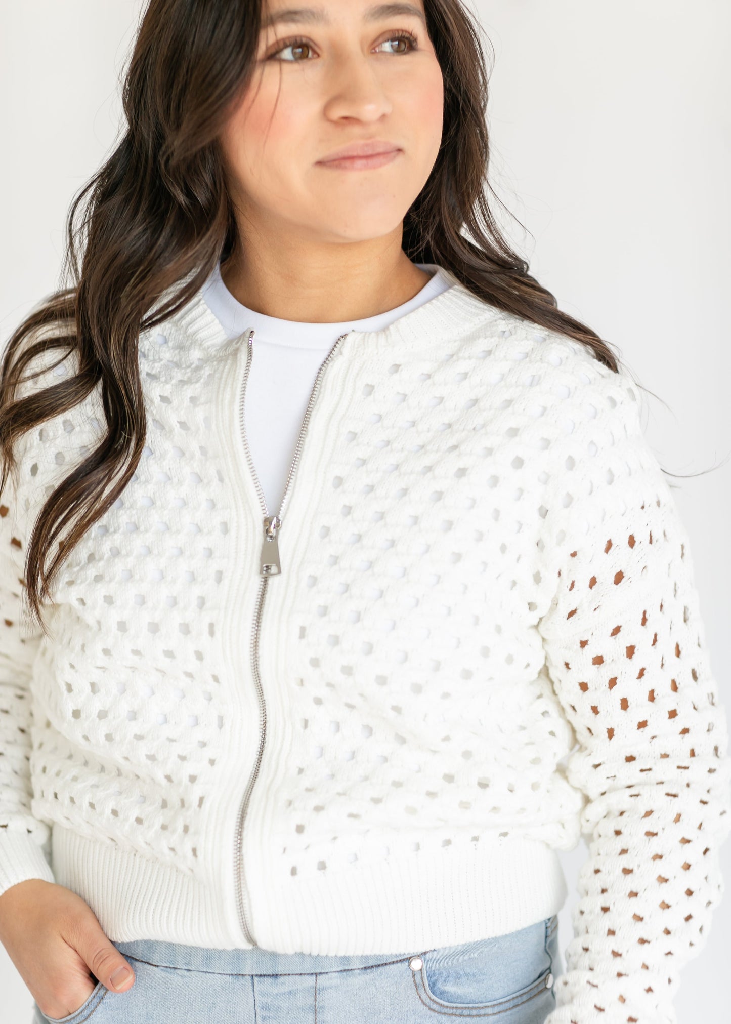 elan White Open Knit Zip Front Cardigan - FINAL SALE