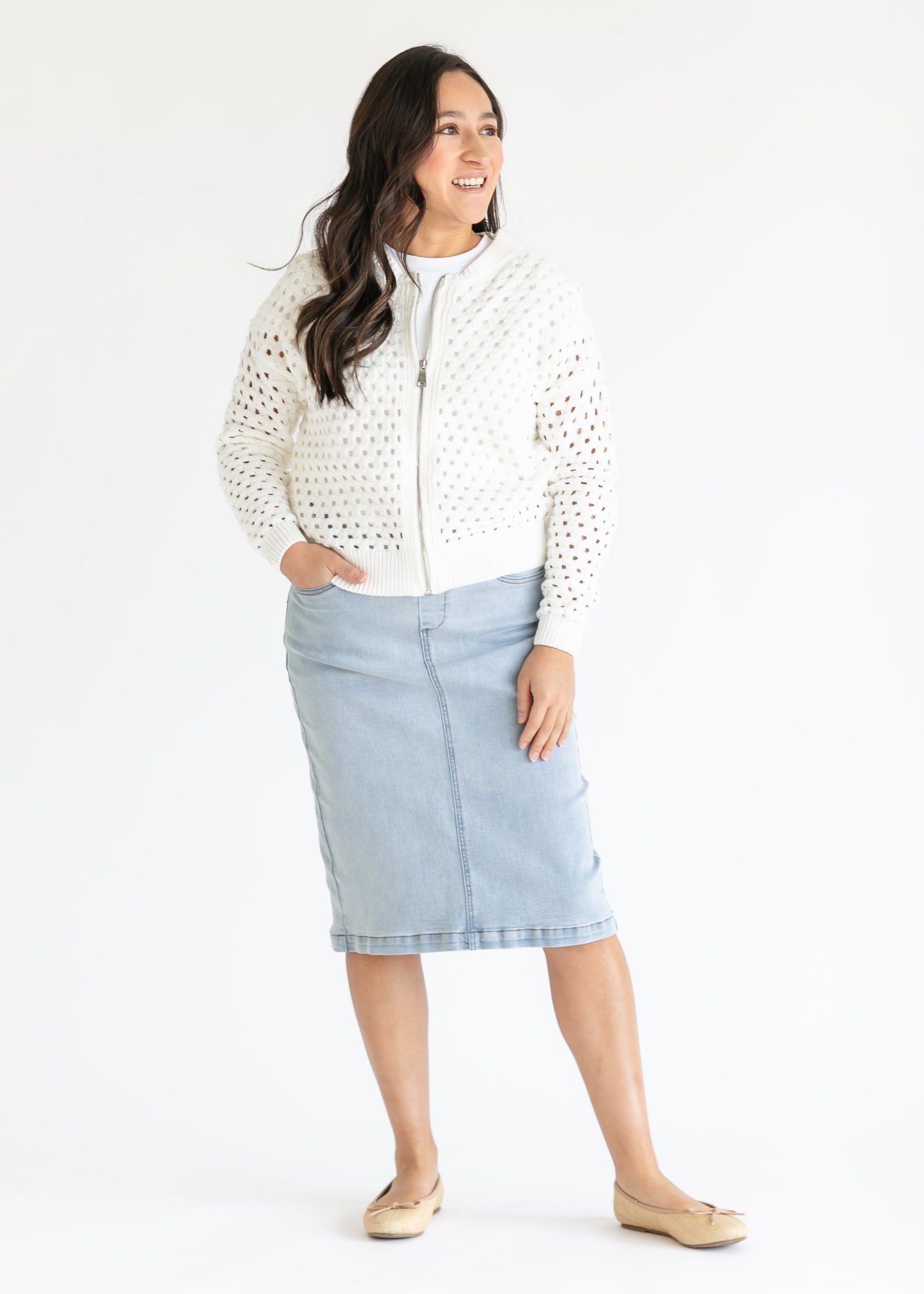elan White Open Knit Zip Front Cardigan - FINAL SALE