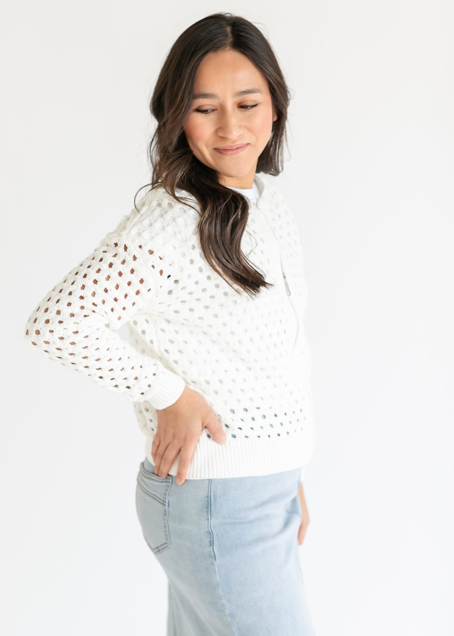 elan White Open Knit Zip Front Cardigan - FINAL SALE